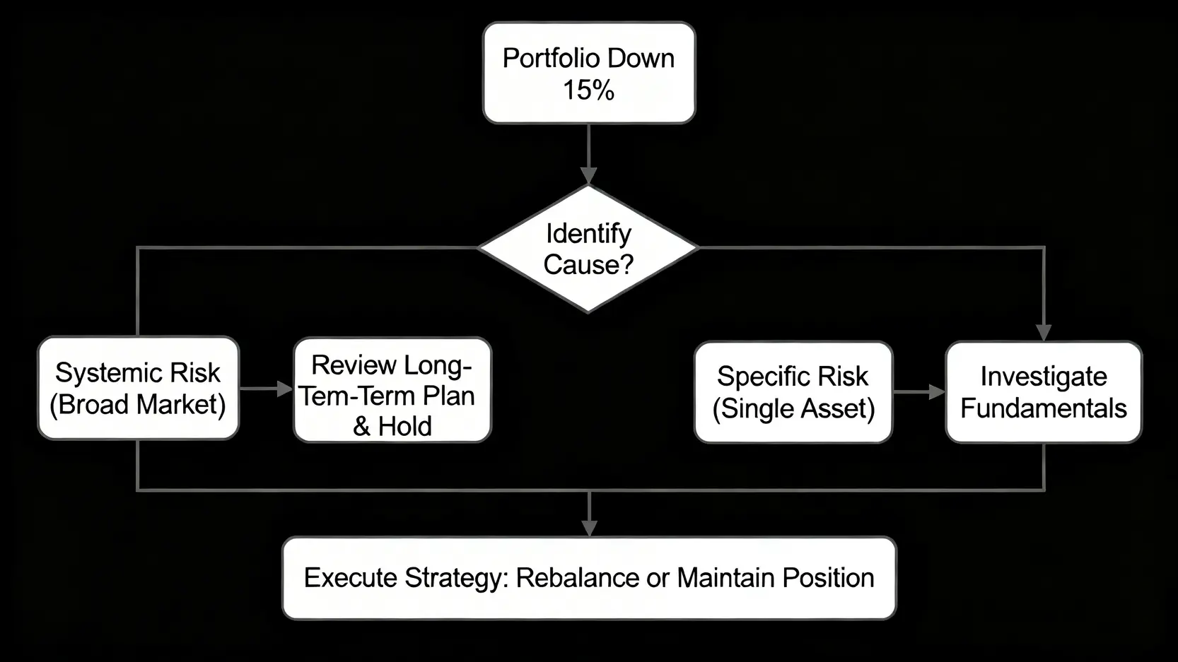 10萬如何理財?2026年三大投資組合成本與風險評測 4 投資組合虧損15%時的應對決策流程圖,從判斷原因到執行策略。