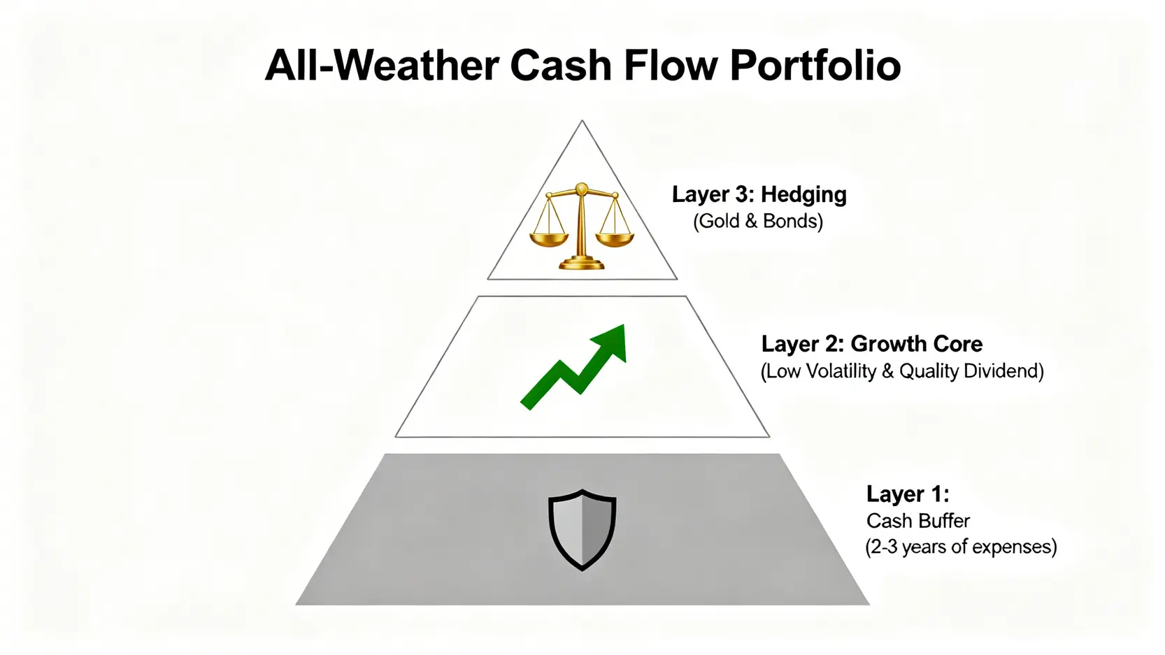 50歲理財規劃的致命盲點:報酬順序風險下的退休金策略 (2026版) 3 全天候現金流投資組合的三層結構示意圖,由下至上分別是現金緩衝池、增長核心與避險資產。