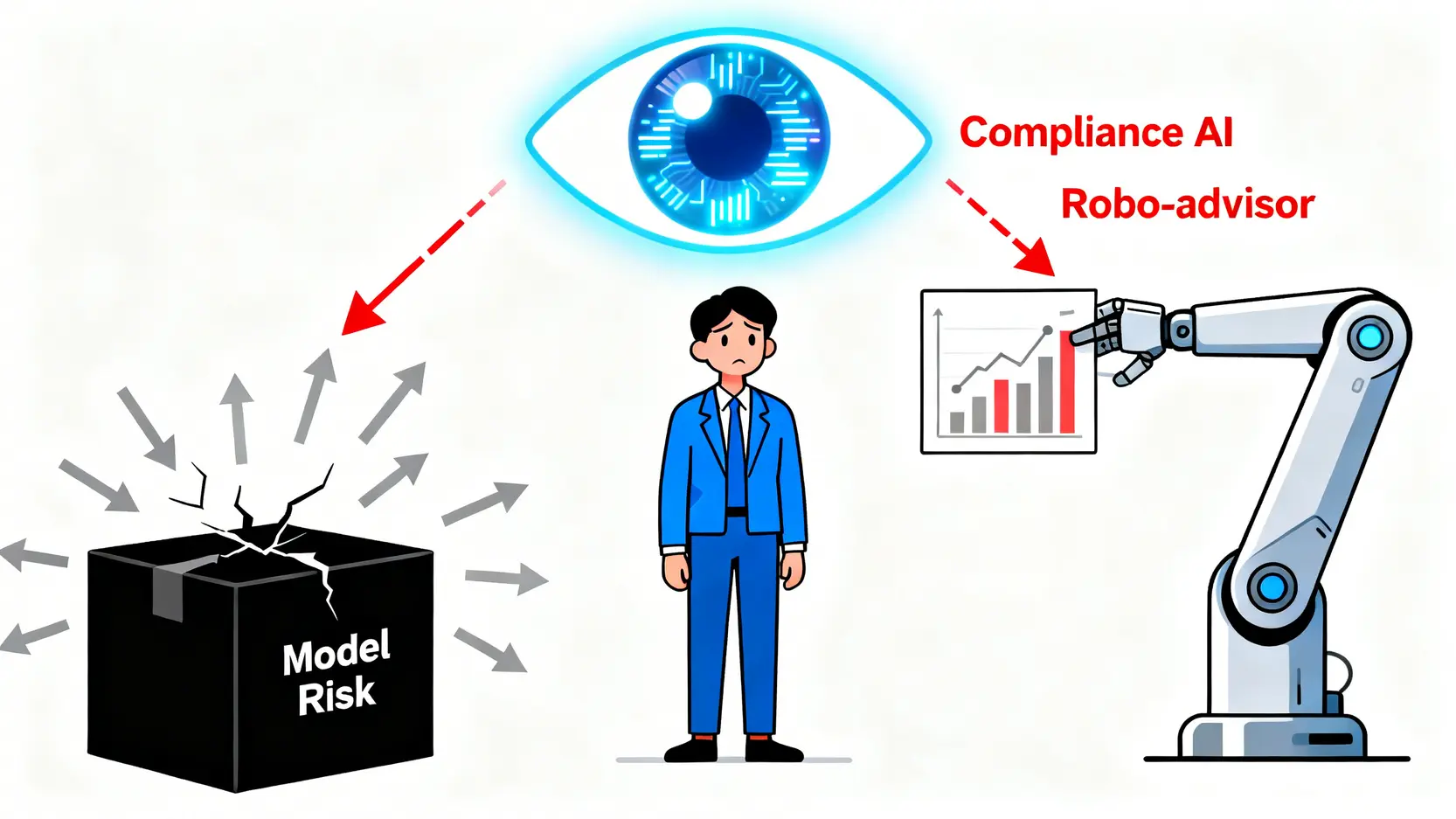 理財專員是什麼?2026 薪資/KPI/轉型路徑全解析 (內附銀行選擇指南) 3 一張概念圖,描繪理財專員面臨的三大隱形風險:AI合規監管、投資模型風險,以及機器人理財的技術迭代挑戰。