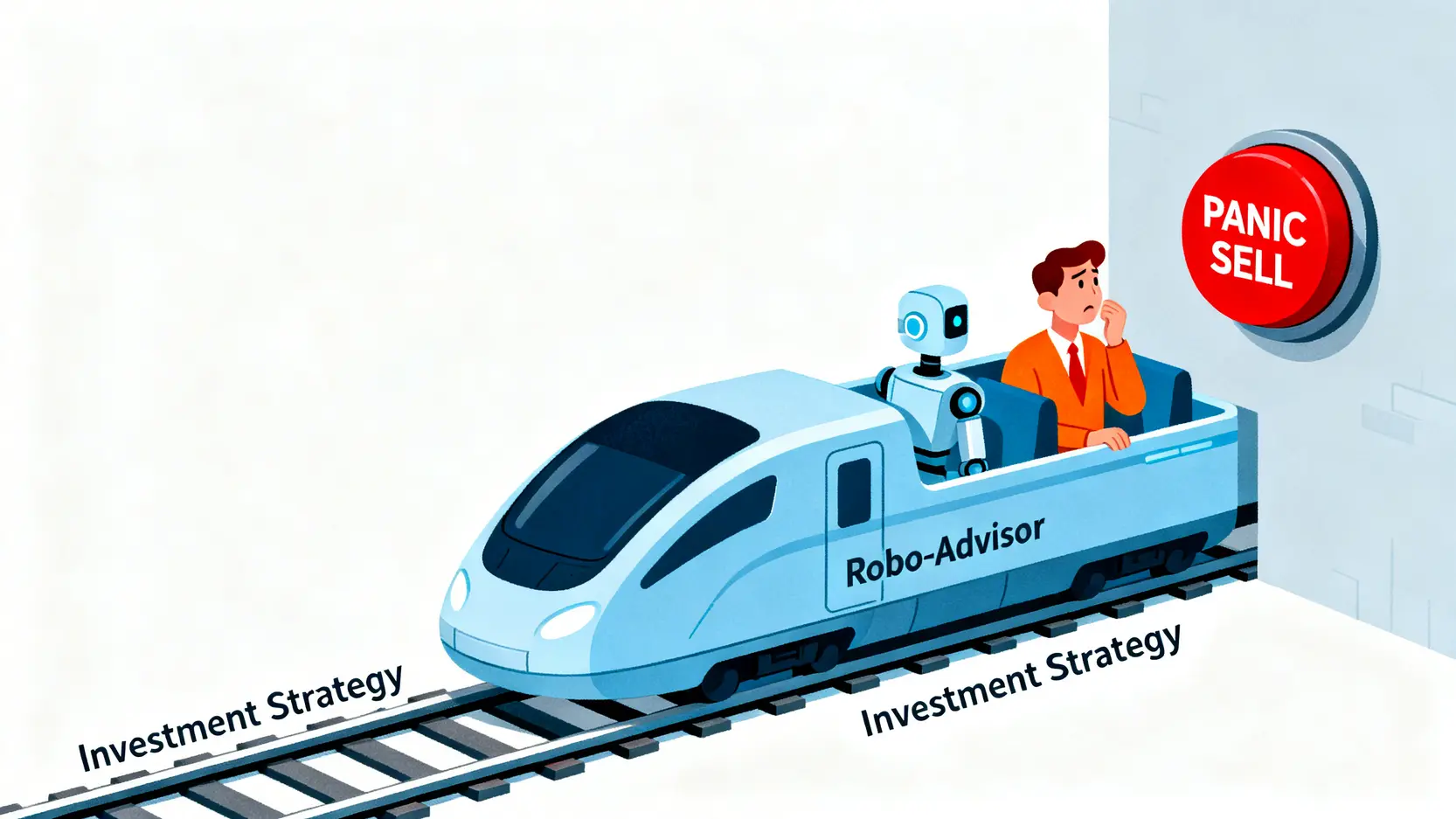 2026 機器人理財終極指南:拆解 5 大平台隱藏費用與績效真偽 2 一位投資者在平穩行駛的機器人理財火車上,考慮是否要按下恐慌賣出的按鈕,象徵人性是策略堅持的挑戰。