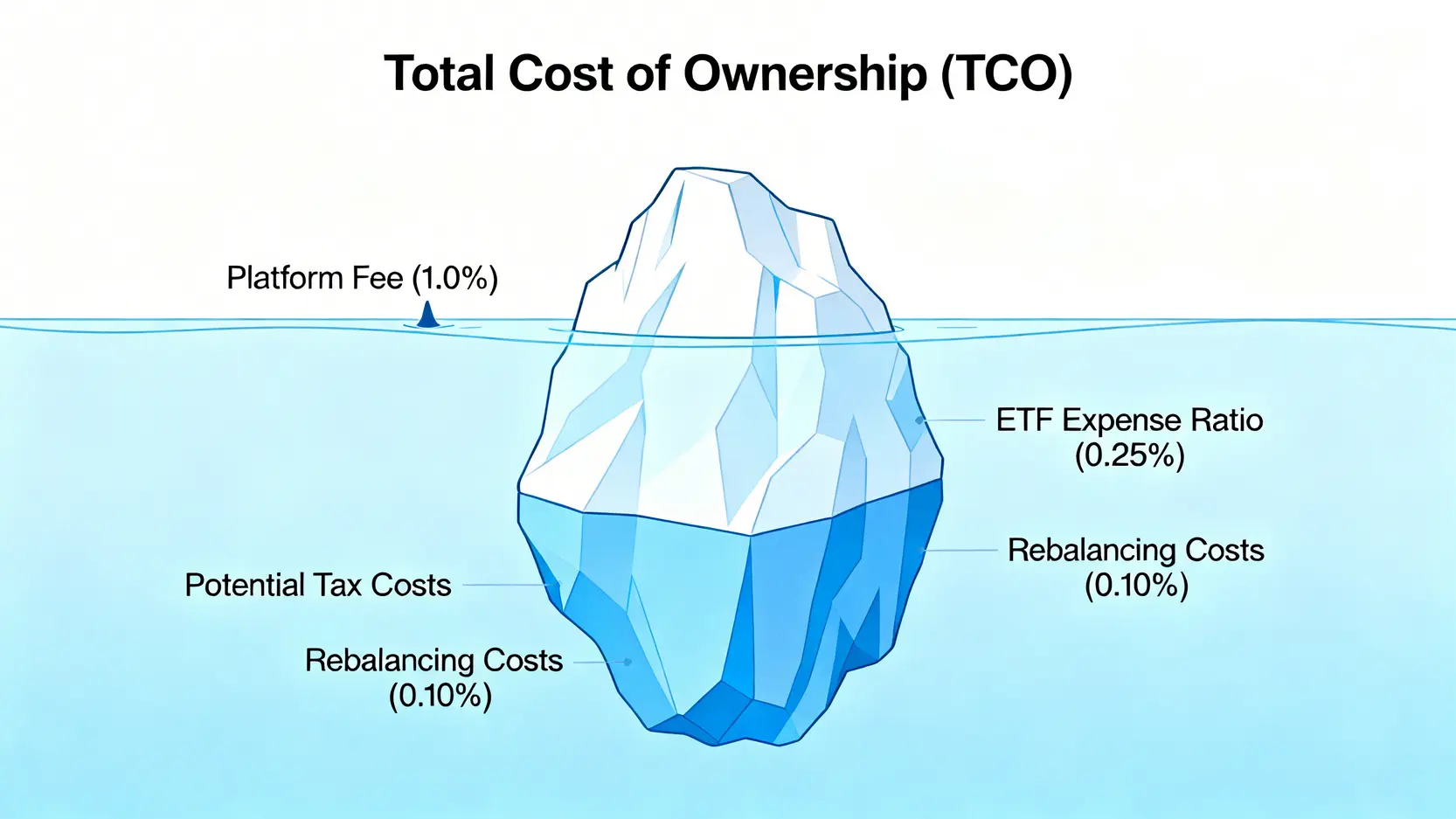 2026 機器人理財終極指南:拆解 5 大平台隱藏費用與績效真偽 3 一張冰山圖,揭示機器人理財的總持有成本,其中平台管理費只是冰山一角,水面下還隱藏著ETF內扣費用、交易成本等。
