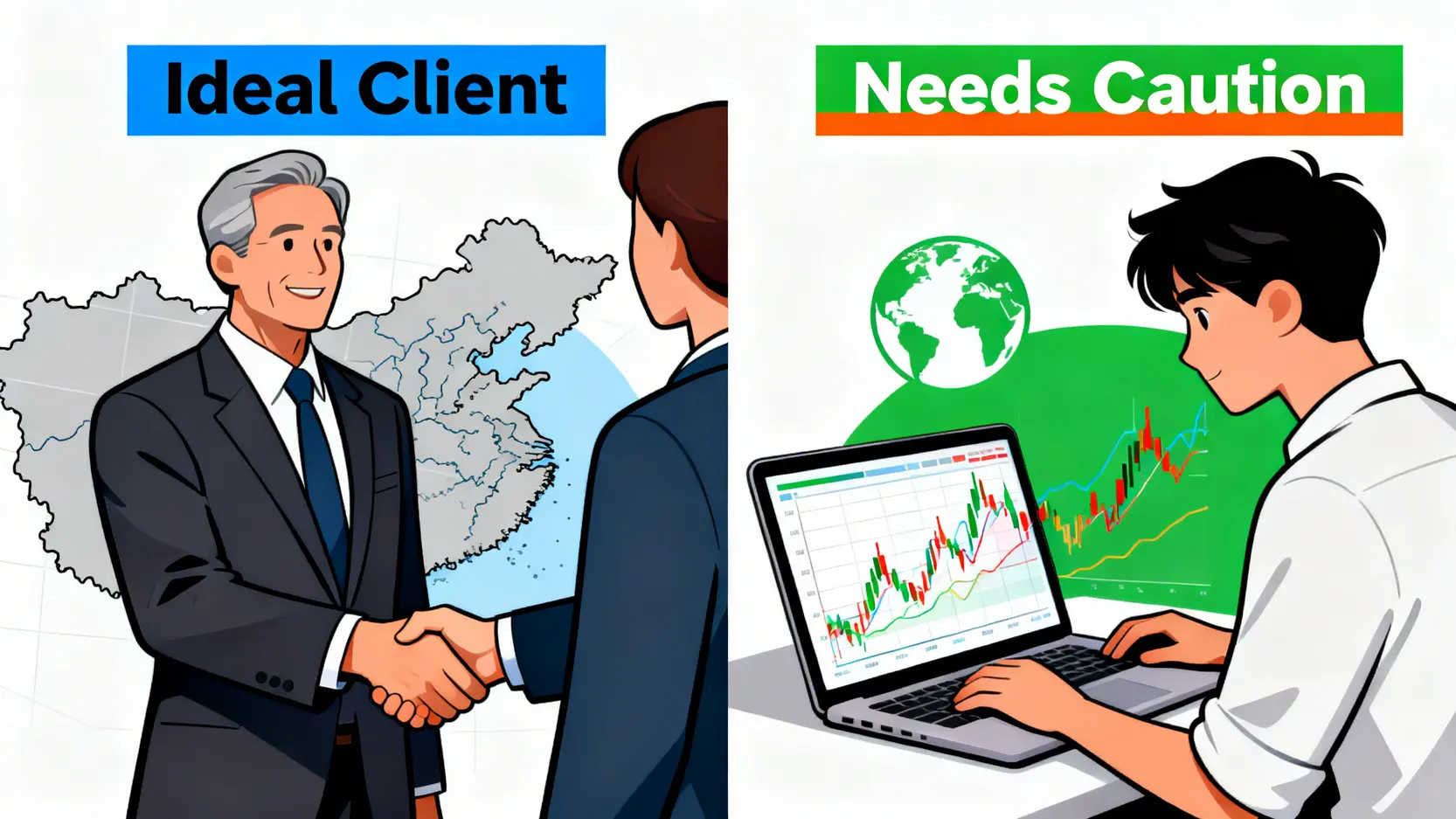 中銀理財全面評測 (2026):真實成本、隱藏陷阱及與滙豐/花旗對比 2 中銀理財兩類客戶畫像對比圖,一邊是適合的內地業務企業主,另一邊是需警惕的全球增長型投資者。