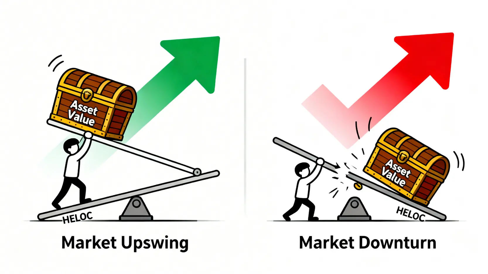 【2026理財型房貸陷阱】不是人人都能辦!專家教你算「真實總成本」避開銀行沒說的風險 2 一張對比圖,說明理財型房貸在市場上行和下行時的槓桿效應。