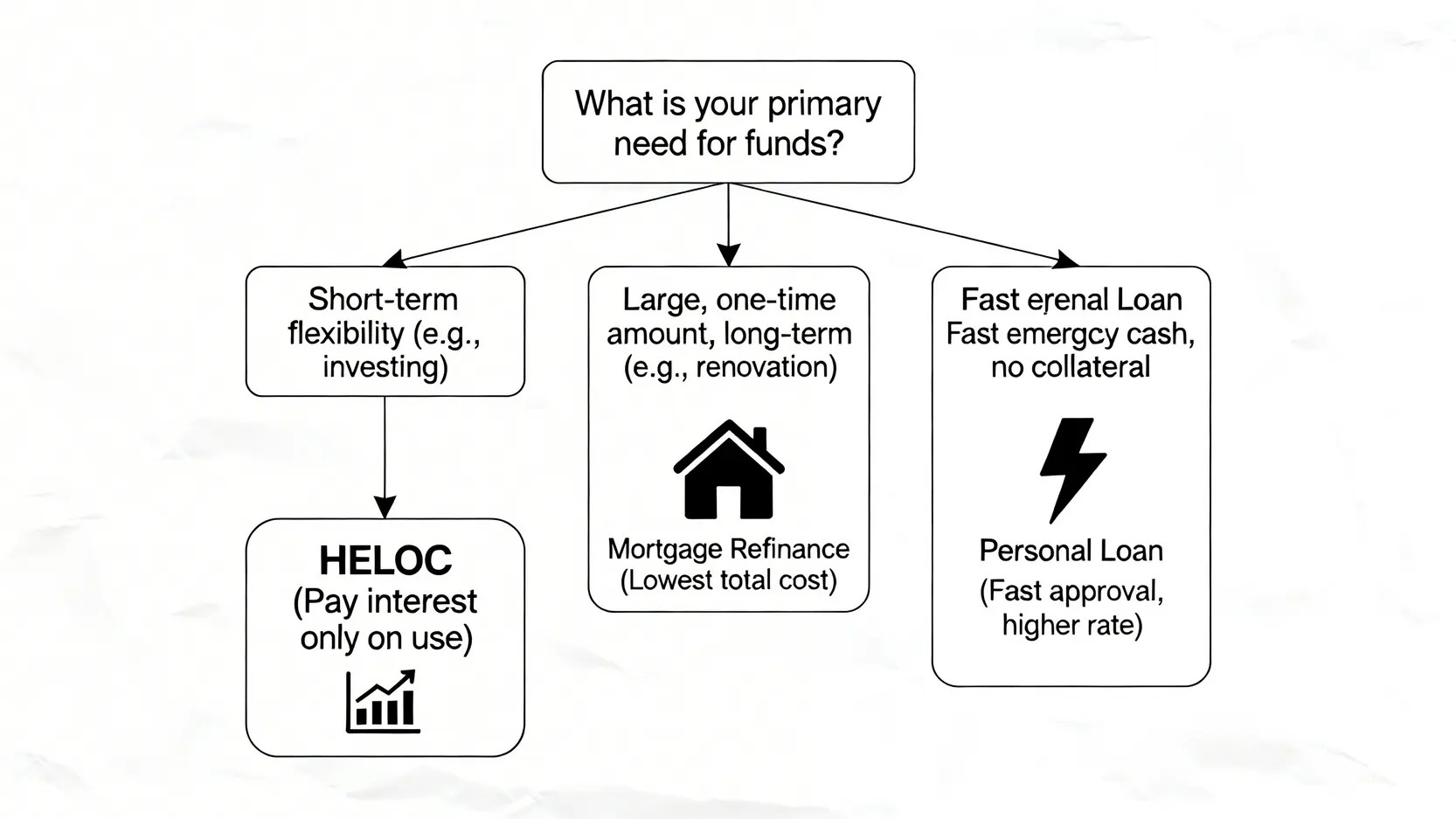 【2026理財型房貸陷阱】不是人人都能辦!專家教你算「真實總成本」避開銀行沒說的風險 4 一張決策樹流程圖,幫助使用者根據資金需求(短期投資、長期規劃、緊急備用)選擇最適合的貸款類型(理財型房貸、房屋增貸、信用貸款)。