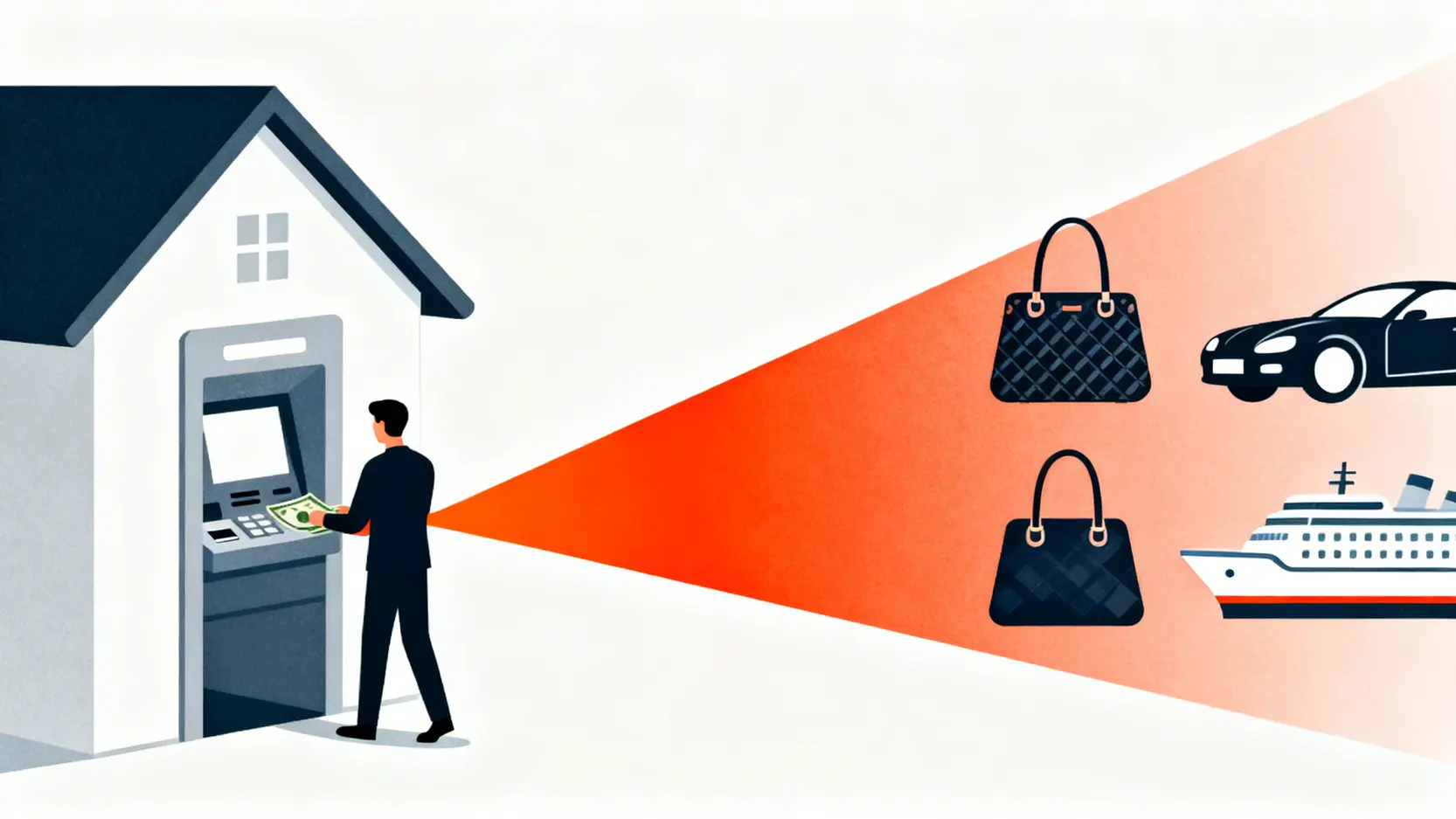 2026理財型房貸陷阱全解析:15家銀行利率與隱藏成本對決,找出你的最佳資金策略 4 房屋ATM效應警示圖,描繪屋主將房屋淨值當作提款機,用於非必要消費,最終侵蝕資產。