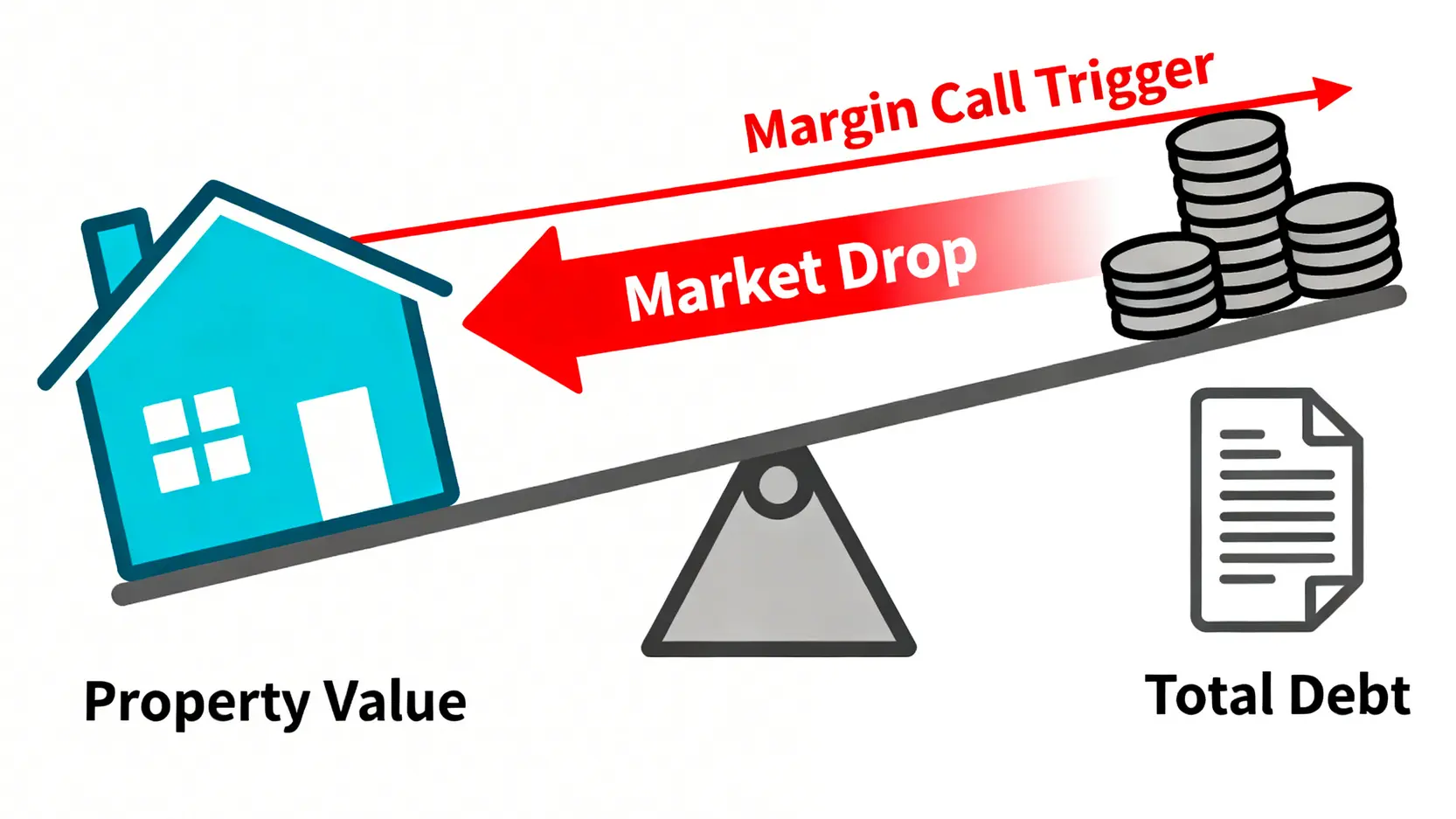 理財型房貸的5大致命風險與應對策略(2026年10家銀行方案深度審計) 2 理財型房貸風險機制示意圖,顯示房產價值下降導致總負債比例上升,觸發追繳保證金。