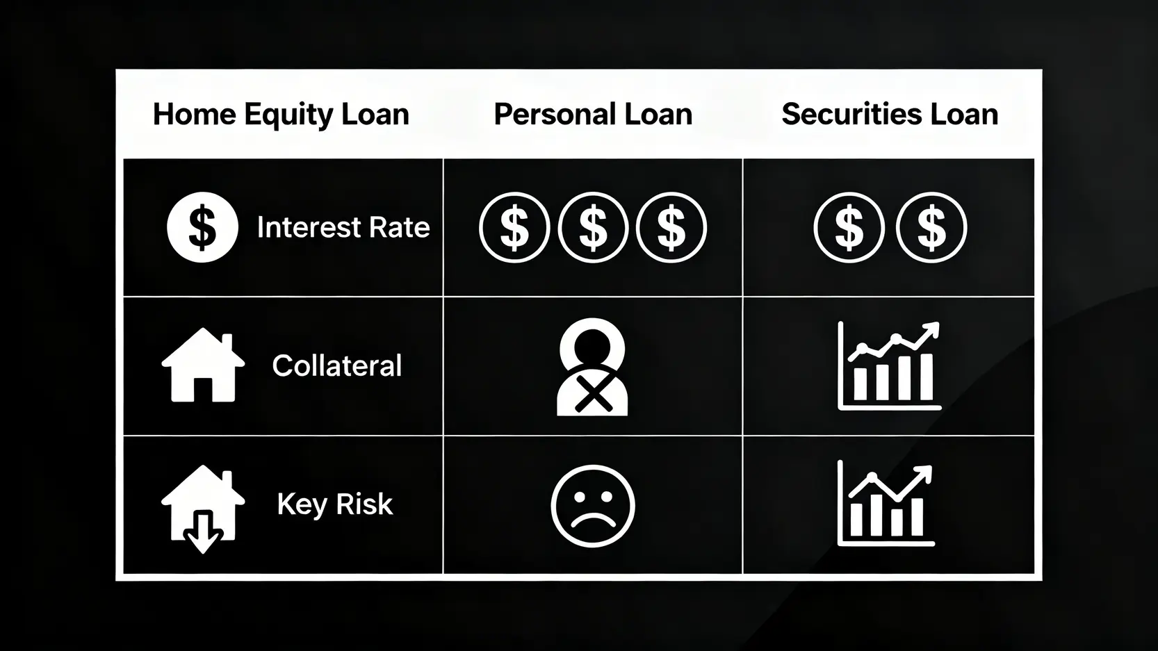 理財型房貸的5大致命風險與應對策略(2026年10家銀行方案深度審計) 4 三種貸款方案比較圖:理財型房貸、個人信貸、證券質押貸款,從利率、擔保品和核心風險三個維度進行對比。