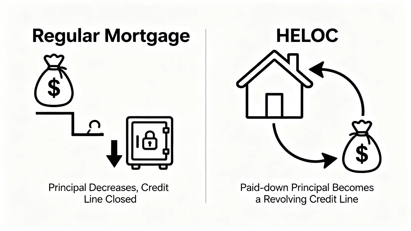 理財型房貸的5個致命陷阱與2026銀行方案對比 | 你是「聰明活用」還是「過度槓桿」? 2 理財型房貸與一般房貸的運作模式對比圖,顯示一般房貸本金遞減而理財型房貸可循環動用已償還本金。