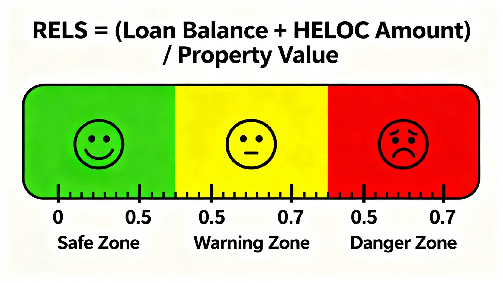 理財型房貸的5個致命陷阱與2026銀行方案對比 | 你是「聰明活用」還是「過度槓桿」? 4 不動產槓桿安全係數(RELS)計算公式與風險區間示意圖,包含安全區、警戒區與危險區。