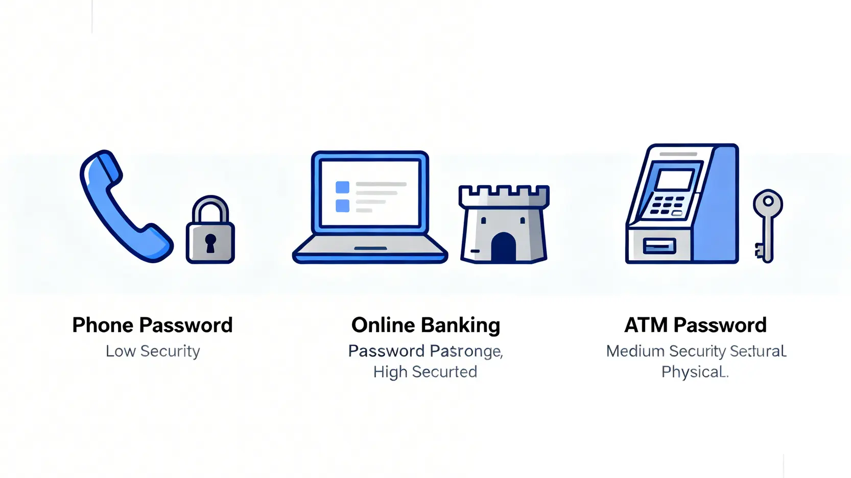 理財密碼是什麼?一篇看懂電話、網銀、ATM 密碼的終極風險與 2026 安全對策 | 跨行比較指南 2 一張圖表比較電話理財、網路銀行和ATM三種密碼的權限與安全等級差異。