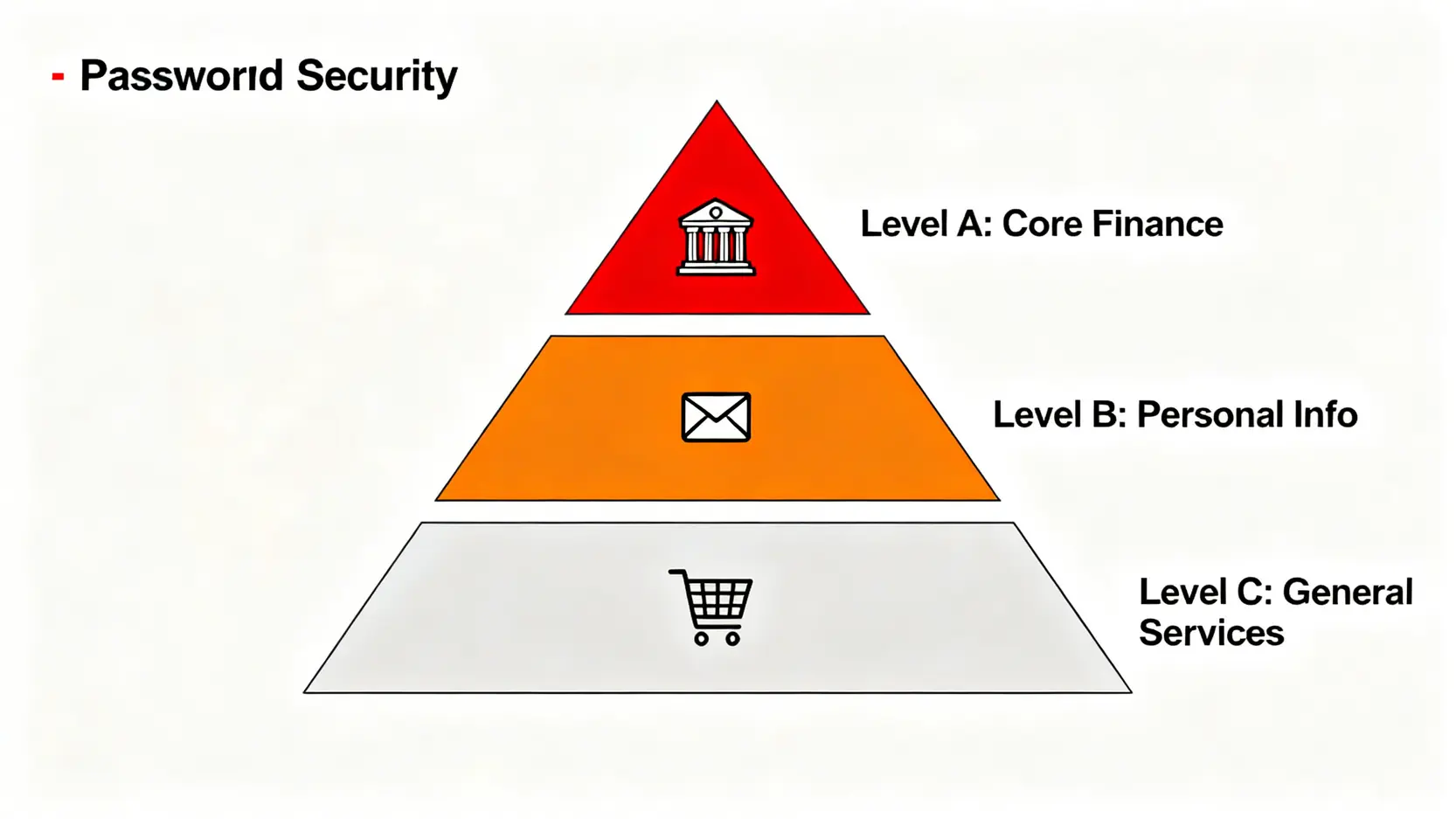 理財密碼是什麼?一篇看懂電話、網銀、ATM 密碼的終極風險與 2026 安全對策 | 跨行比較指南 4 帳戶分級管理策略金字塔,頂層是核心金融帳戶,中層是重要個資帳戶,底層是一般服務帳戶。