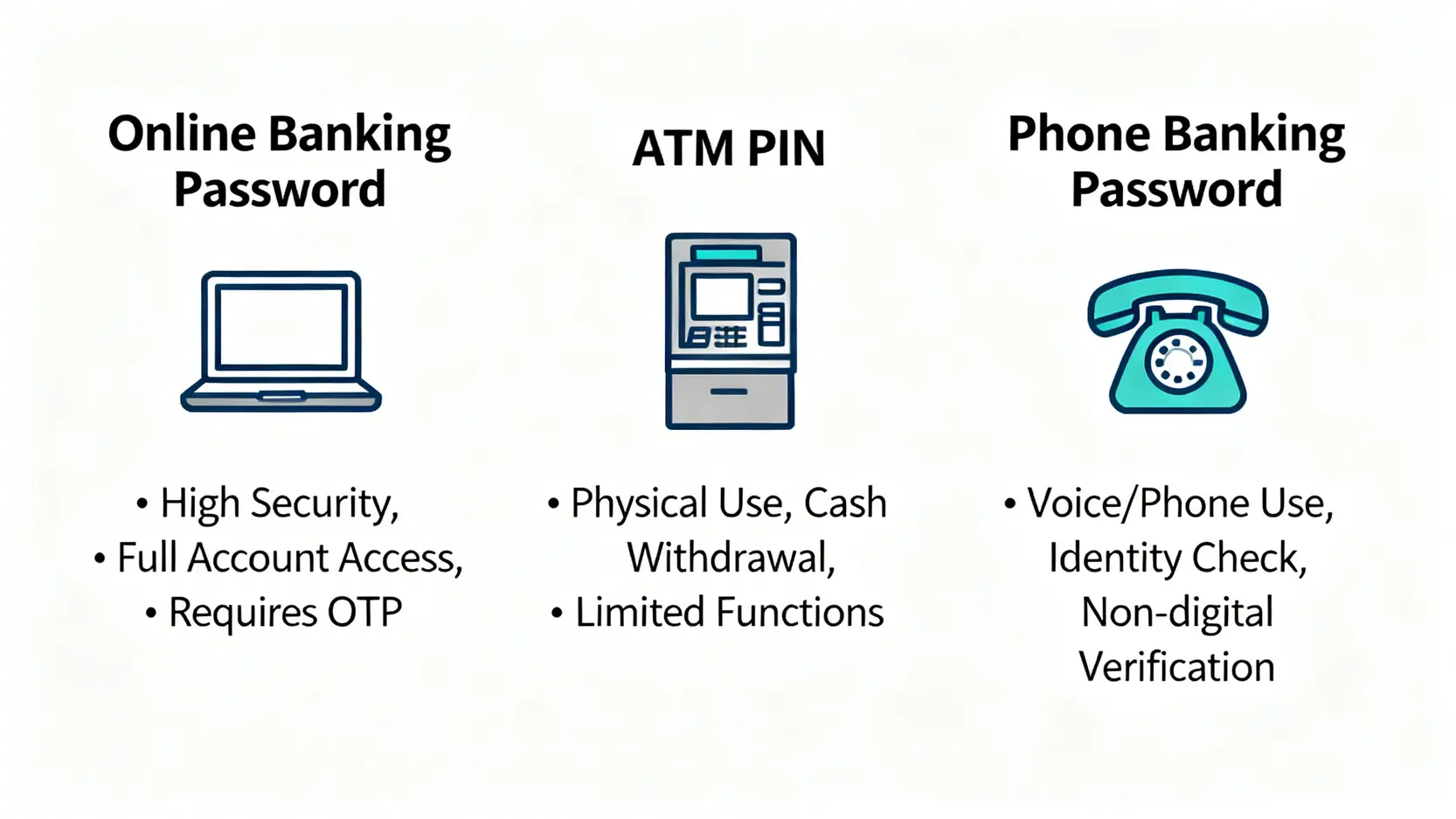 【2026 金融指南】理財密碼是什麼?一篇看懂6大銀行(永豐/渣打)規則、風險與未來趨勢 2 一張圖表比較網路銀行密碼、ATM密碼與理財密碼在用途、安全等級與使用場景上的區別。