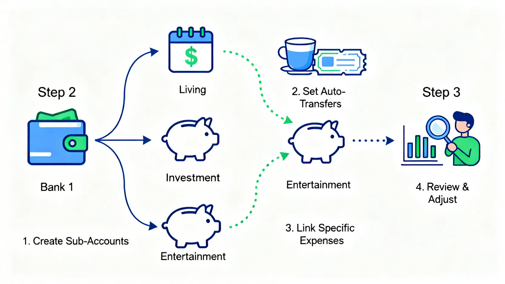 2026 數碼理財風險指南|專家拆解 3 大隱藏陷阱與資產保護策略 3 數碼現金信封預算系統四步驟流程圖,包括開設子賬戶、設定自動轉賬、專款專用和定期審視。