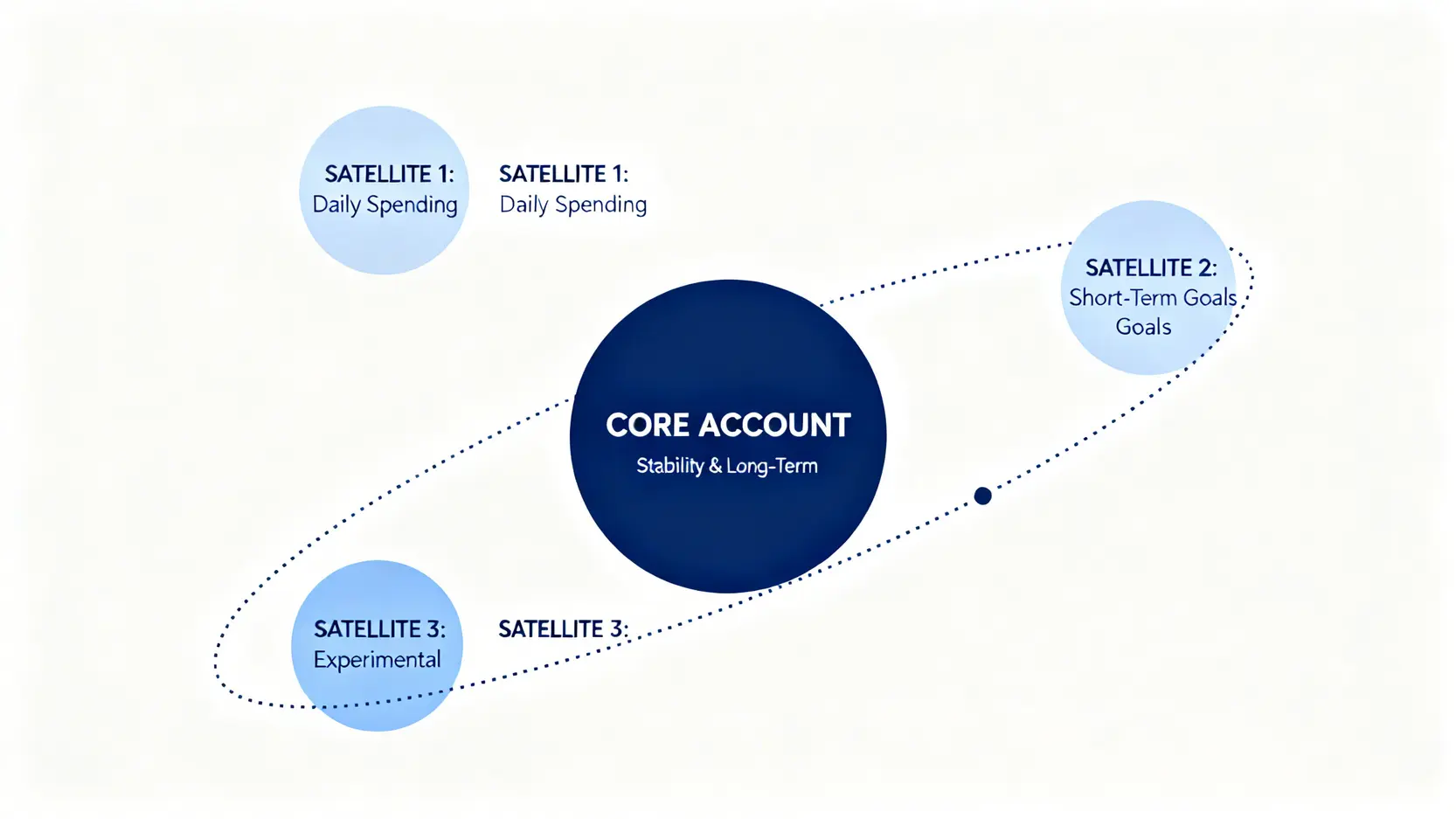 2026 數碼理財風險指南|專家拆解 3 大隱藏陷阱與資產保護策略 4 核心-衛星賬戶配置策略示意圖,一個穩定的核心賬戶被多個靈活的衛星賬戶環繞。