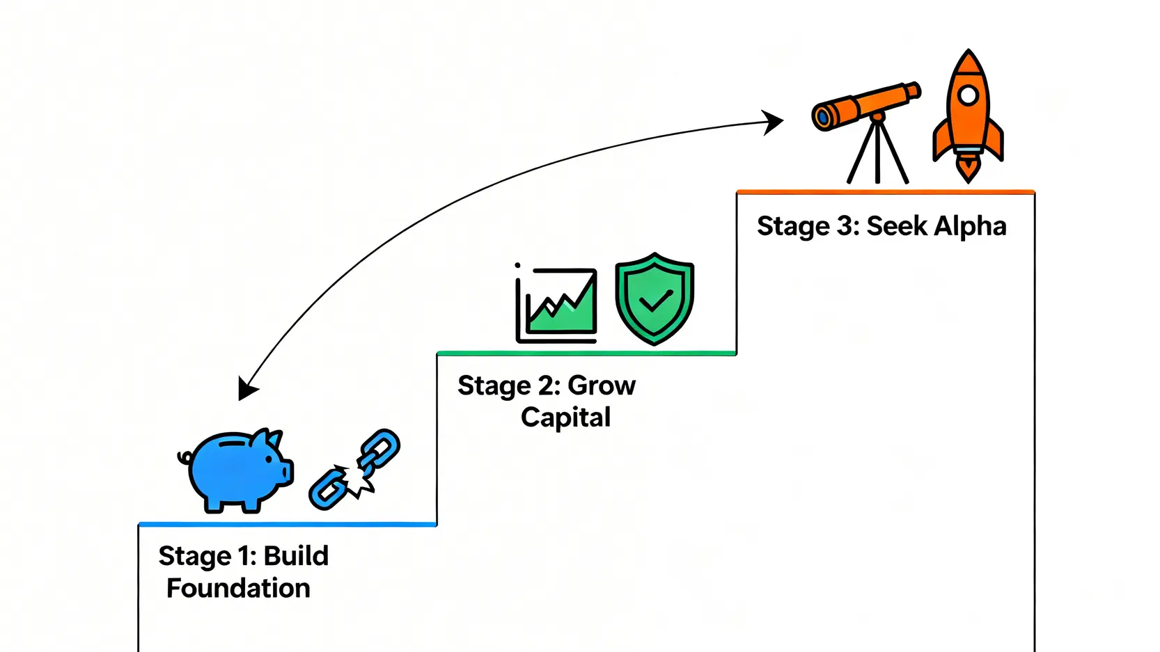 2026 理財書籍該從何讀起?金融專家劃分3階段實戰書單與風險指南 2 三階段理財學習路徑圖,從建立基礎、增長資本到尋求超額報酬。