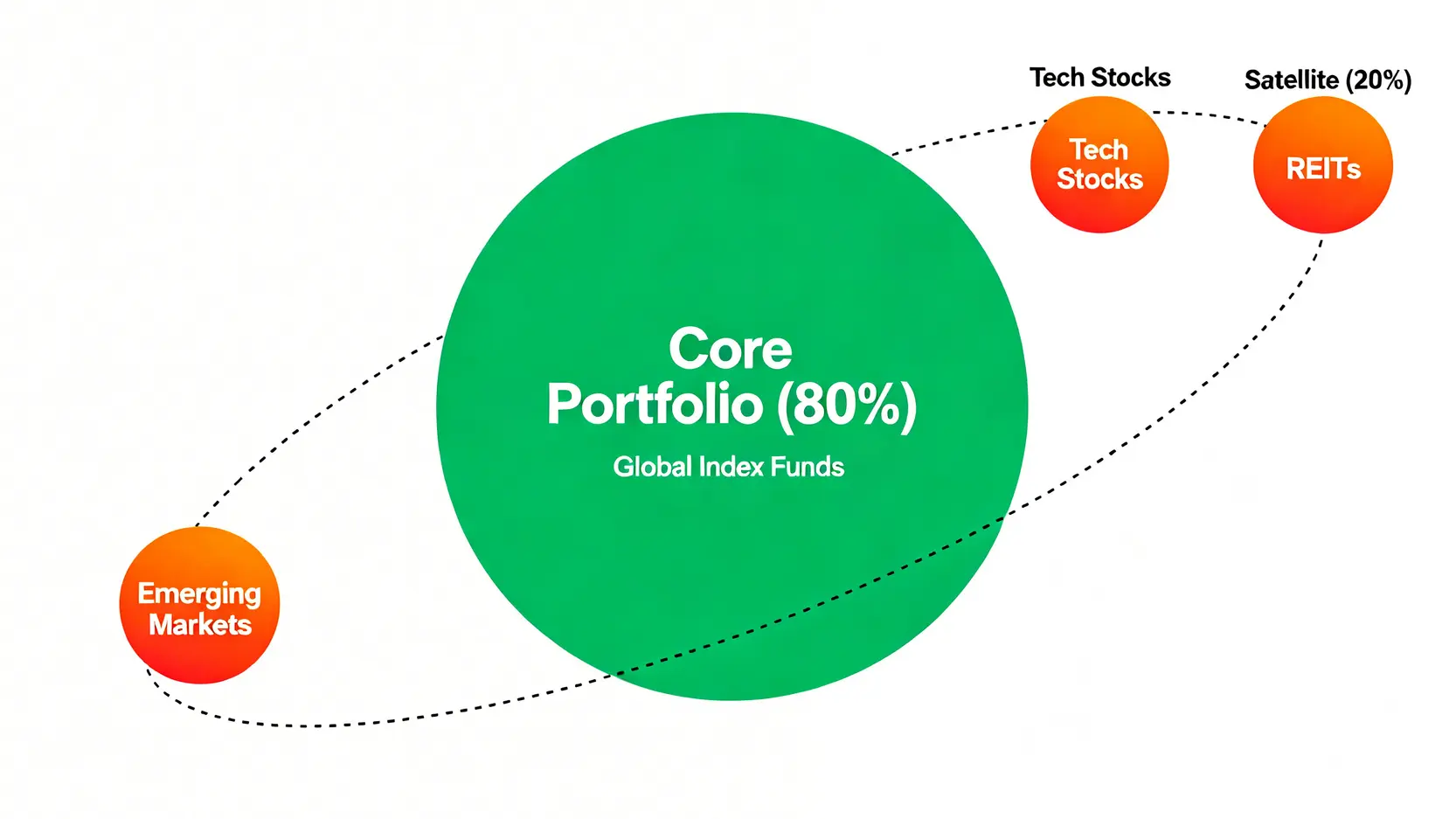 2026 理財書籍該從何讀起?金融專家劃分3階段實戰書單與風險指南 3 核心衛星投資策略示意圖,展示了80%的核心資產與20%的衛星資產配置。
