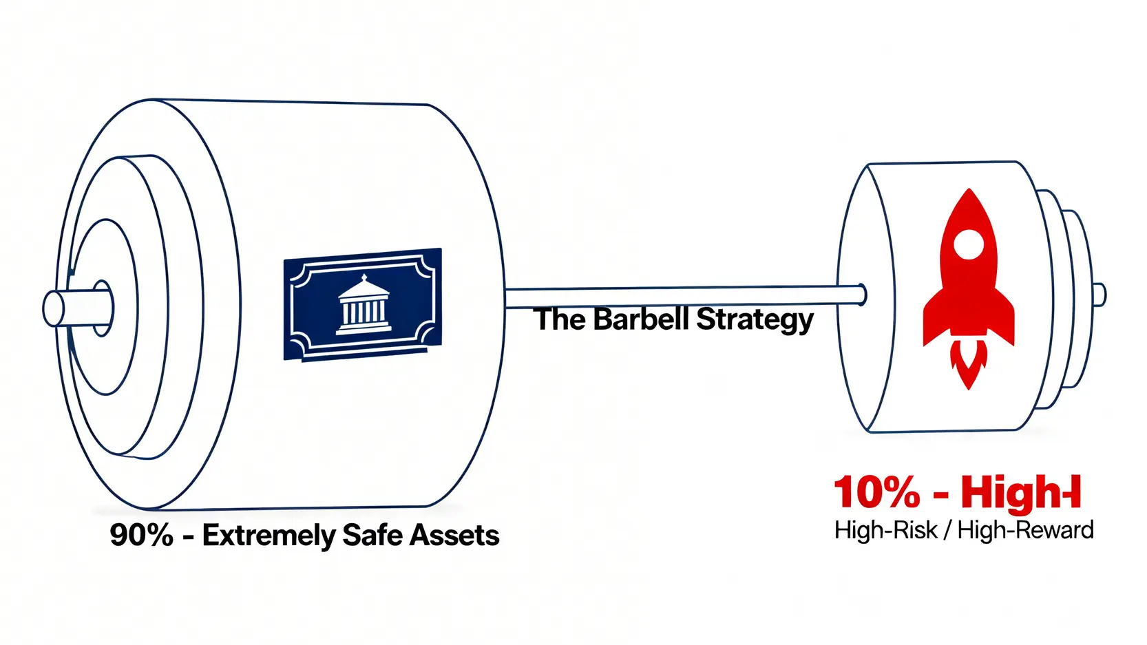 2026 理財書籍該從何讀起?金融專家劃分3階段實戰書單與風險指南 4 槓鈴投資策略示意圖,顯示90%的極端安全資產和10%的高風險資產配置。