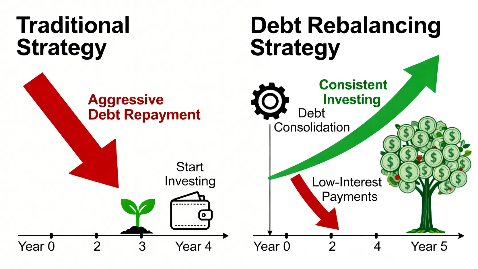 負債理財終極指南(2026):別只談存錢!專家教你3步『債務再平衡』策略,清償速度翻倍 2 傳統理債與債務再平衡策略的五年財富差距對比圖