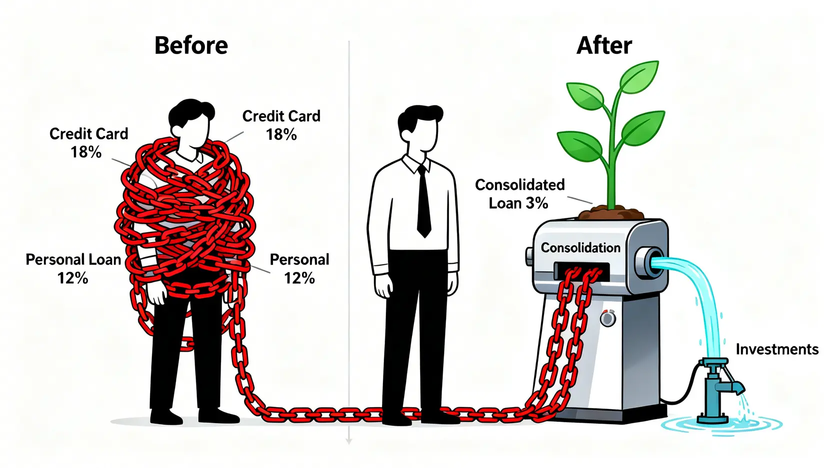 負債理財終極指南(2026):別只談存錢!專家教你3步『債務再平衡』策略,清償速度翻倍 3 債務再平衡概念示意圖,將多筆高利率壞債轉換為一筆低利率好債。