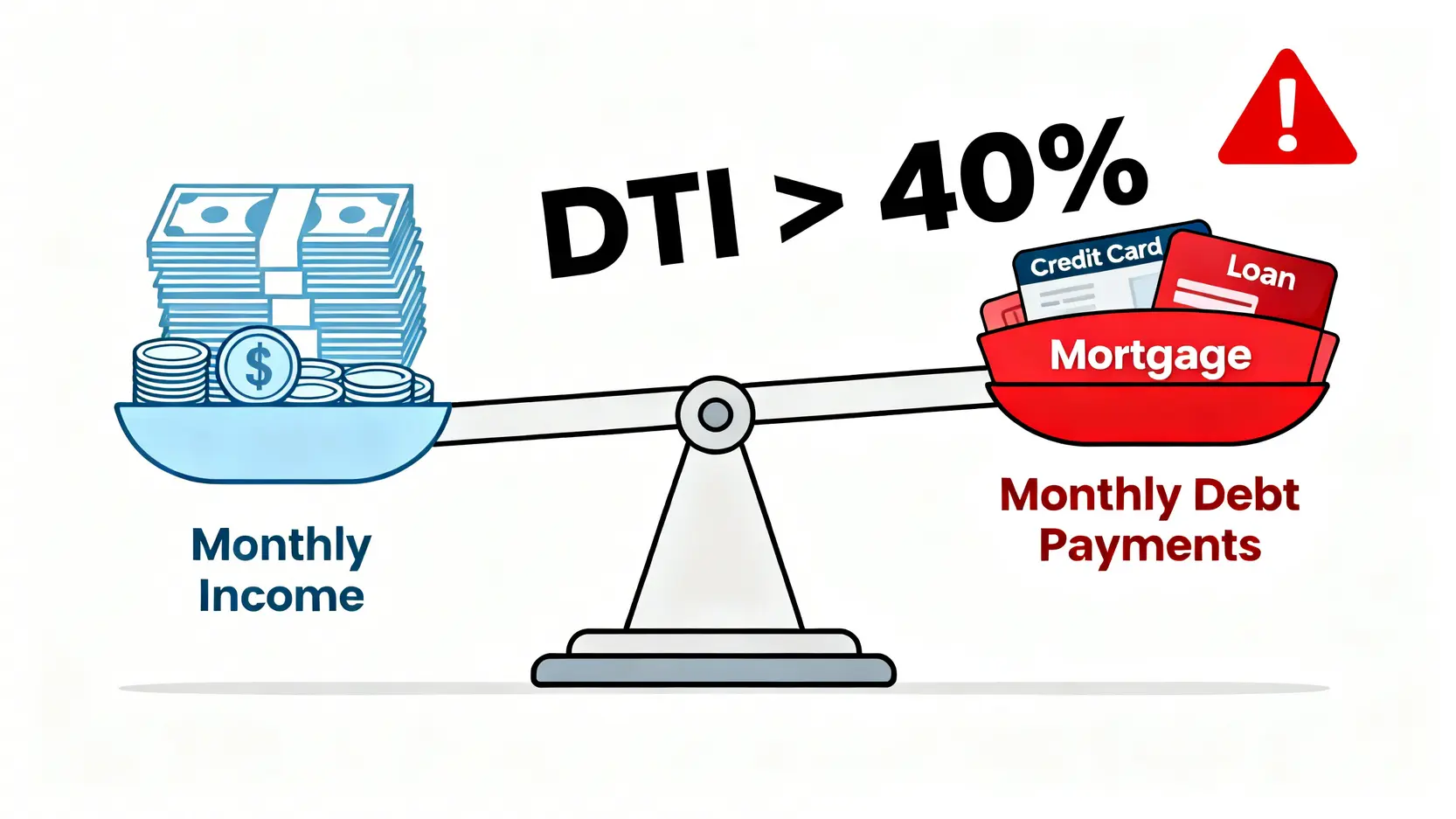【2026 負債整合指南】別再只存錢!三階段清償高利率信貸與卡債的數據化策略 2 負債收入比(DTI)概念圖,顯示月收入與每月總負債還款額之間的不平衡關係。