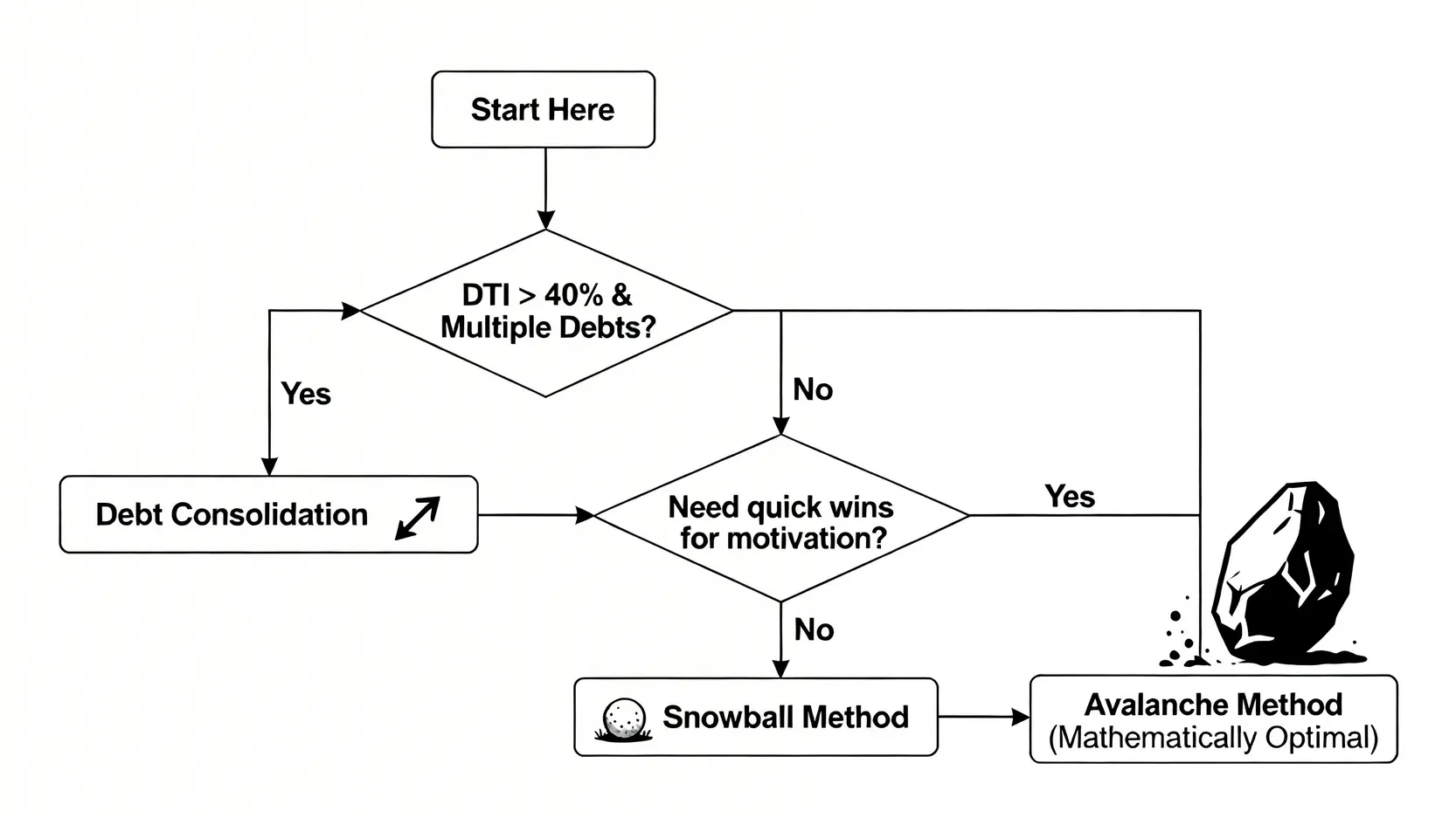 【2026 負債整合指南】別再只存錢!三階段清償高利率信貸與卡債的數據化策略 3 一個決策樹流程圖,幫助用戶根據負債收入比和個人動機選擇雪球法、雪崩法或債務整合策略。