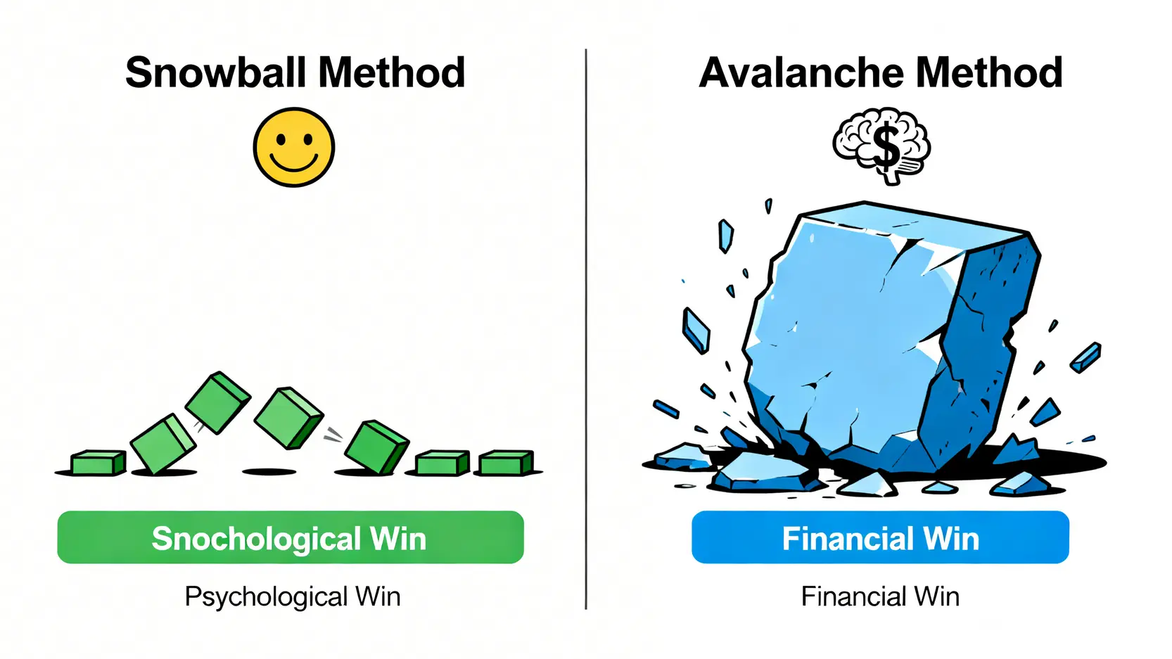 【2026 負債整合指南】別再只存錢!三階段清償高利率信貸與卡債的數據化策略 4 雪球還款法與雪崩還款法對比圖,顯示雪球法重心理成就,雪崩法重財務效率。