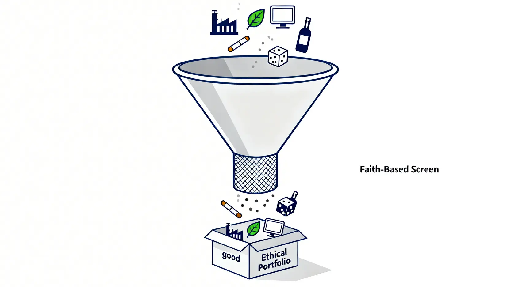 2026 基督徒理財指南:從什一奉獻到「聖經原則 ETF」投資組合建構實戰 3 負面篩選法投資流程圖,展示如何從廣泛的投資標的中,過濾掉不符合信仰原則的產業,例如菸、酒、賭博。