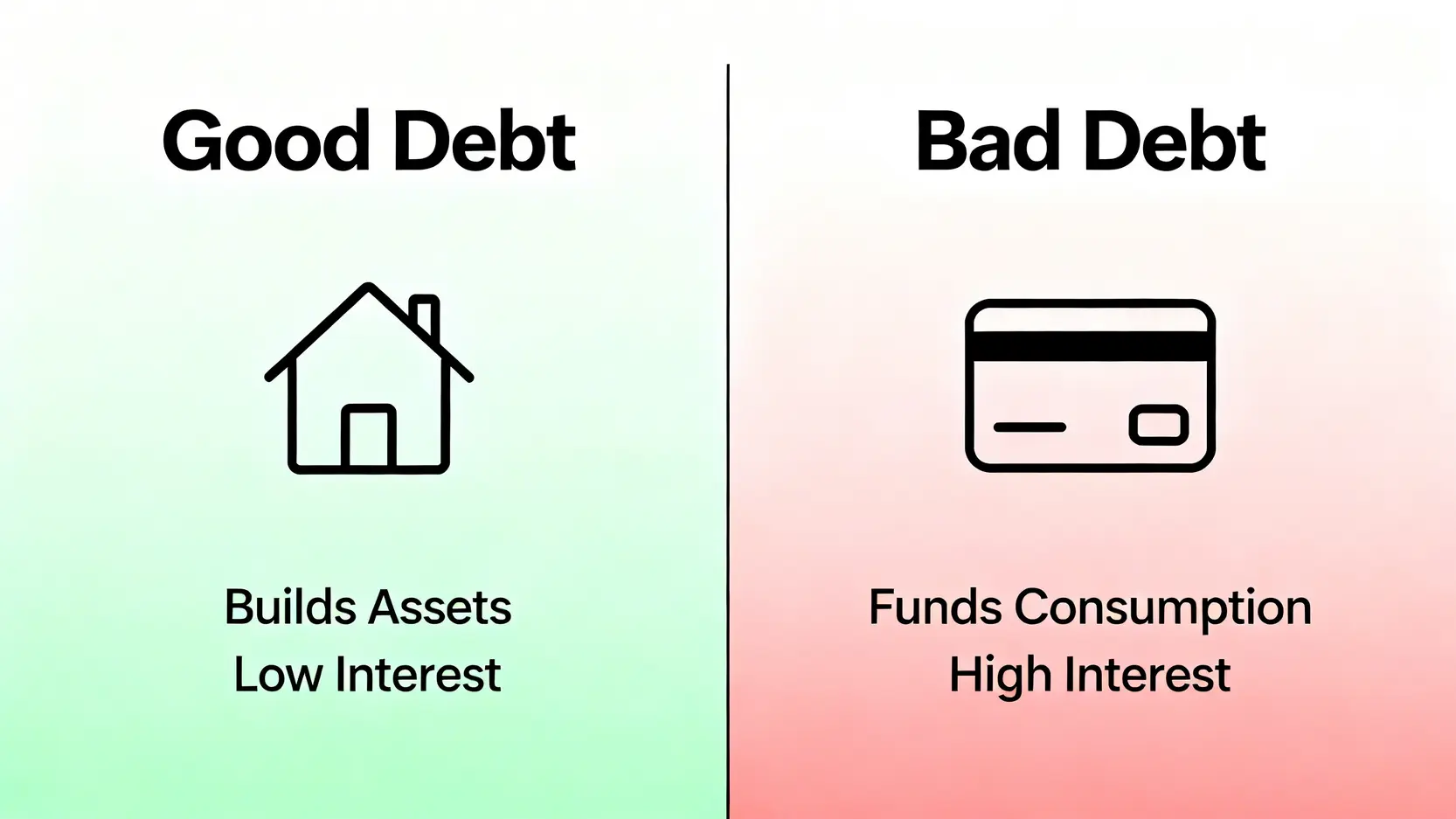 2026 基督徒理財指南:從什一奉獻到「聖經原則 ETF」投資組合建構實戰 4 好債與壞債的對比圖,左邊是代表房屋貸款的好債,右邊是代表信用卡債的壞債。