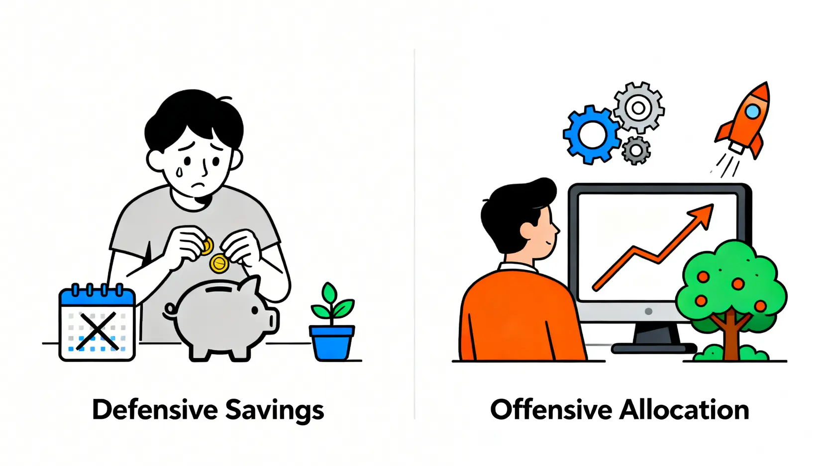 2026 年輕人理財起手式:告別精緻窮,用 3 個數位工具打造你的第一個十萬 (附滑點與手續費實測) 2 一張對比圖,左邊是代表節流的防守型理財,右邊是代表資產配置的進攻型理財。