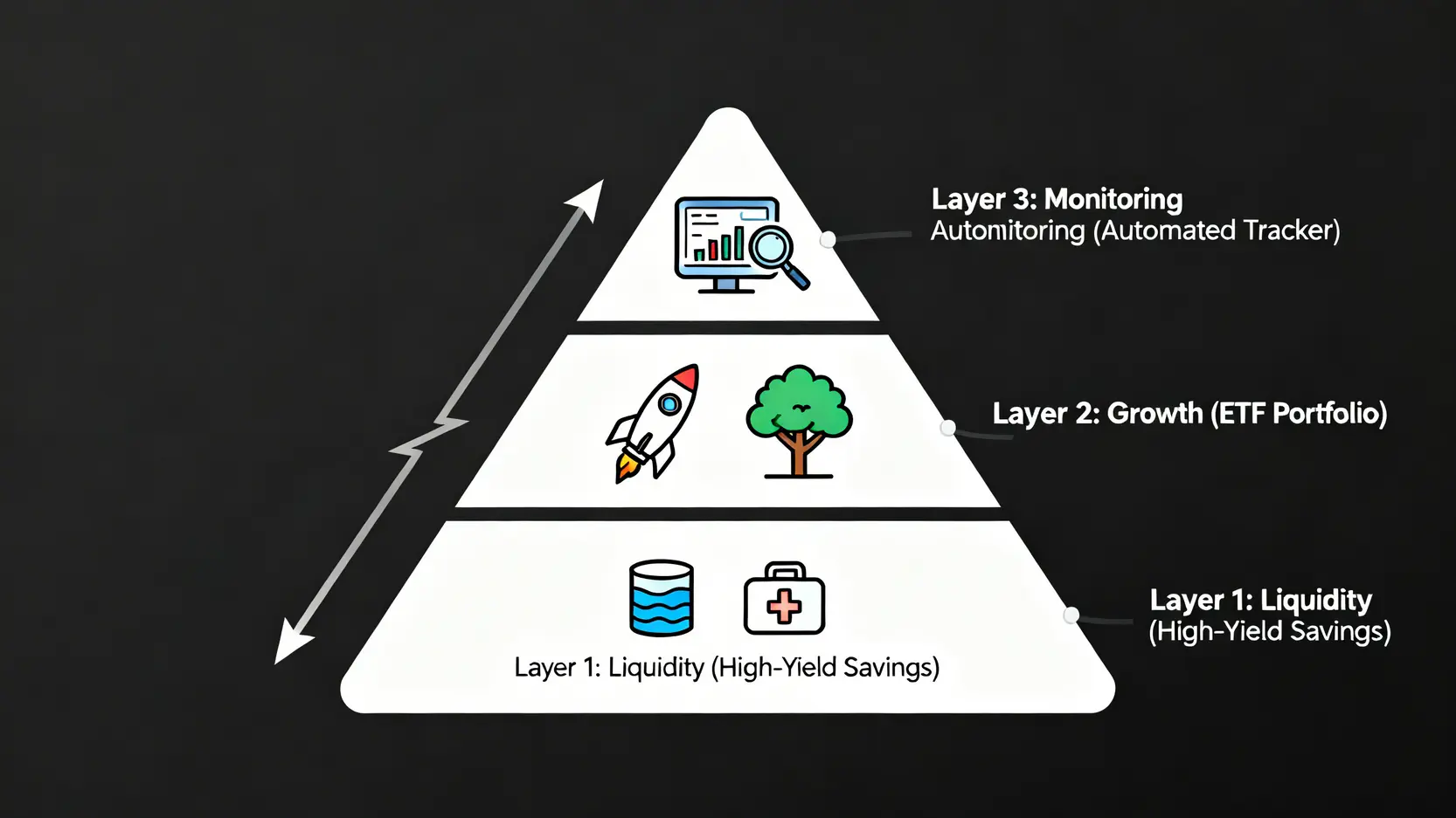 2026 年輕人理財起手式:告別精緻窮,用 3 個數位工具打造你的第一個十萬 (附滑點與手續費實測) 3 一張金字塔結構圖,展示了財務啟動包的三個層次:底層是流動資金,中層是資產增長,頂層是風險監控。