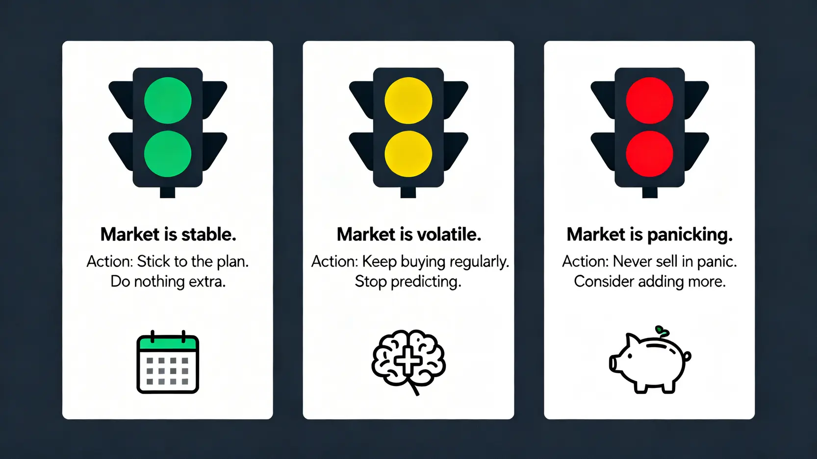 2026 學生理財終極指南:從 0 開始的 ETF 實戰,避開 3 個侵蝕本金的隱形陷阱 3 投資心理紅綠燈系統示意圖,分為綠燈、黃燈、紅燈三種市場情境及其對應的投資紀律與行動策略。
