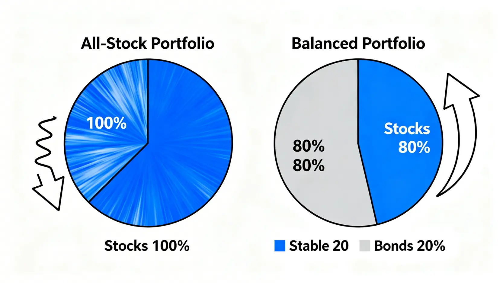 2026 學生理財終極指南:從 0 開始的 ETF 實戰,避開 3 個侵蝕本金的隱形陷阱 4 一張對比圖,左邊是100%股票的投資組合顯示高波動性;右邊是80%股票和20%債券的平衡型投資組合顯示較低的波動性。