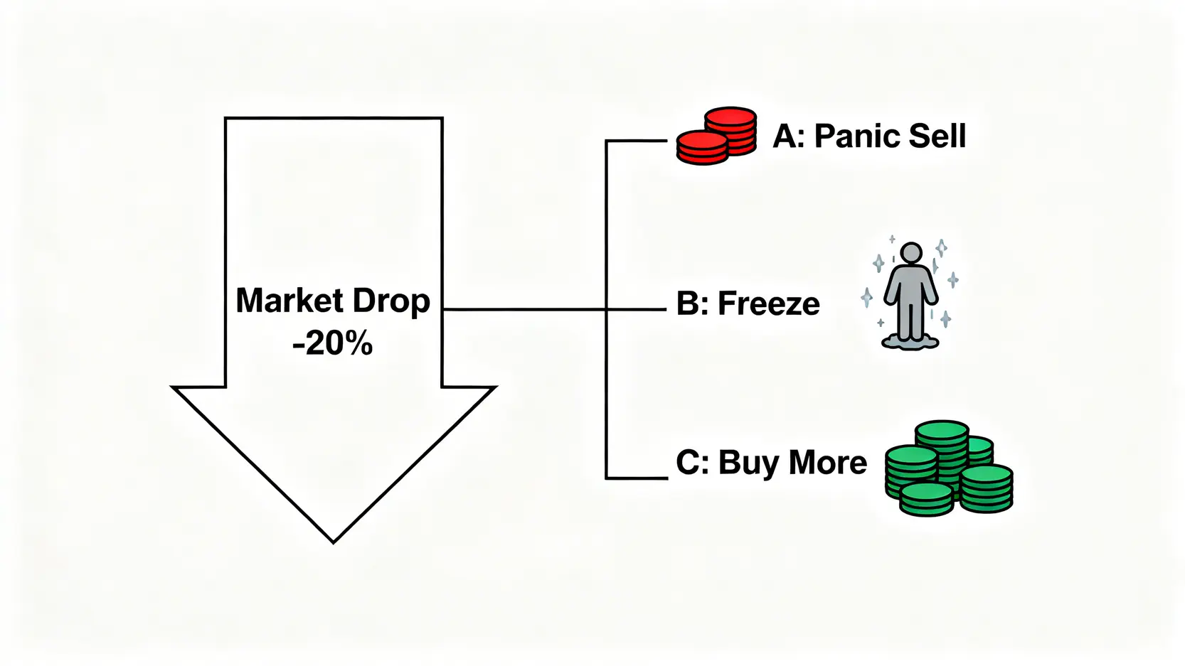 2026學生投資指南:避開3大費用陷阱,月投3000的風險與回報精算 3 一張概念圖,展示投資者在市場下跌20%時的三種選擇:恐慌賣出、原地不動、繼續扣款,以及它們各自對應的長期結果。