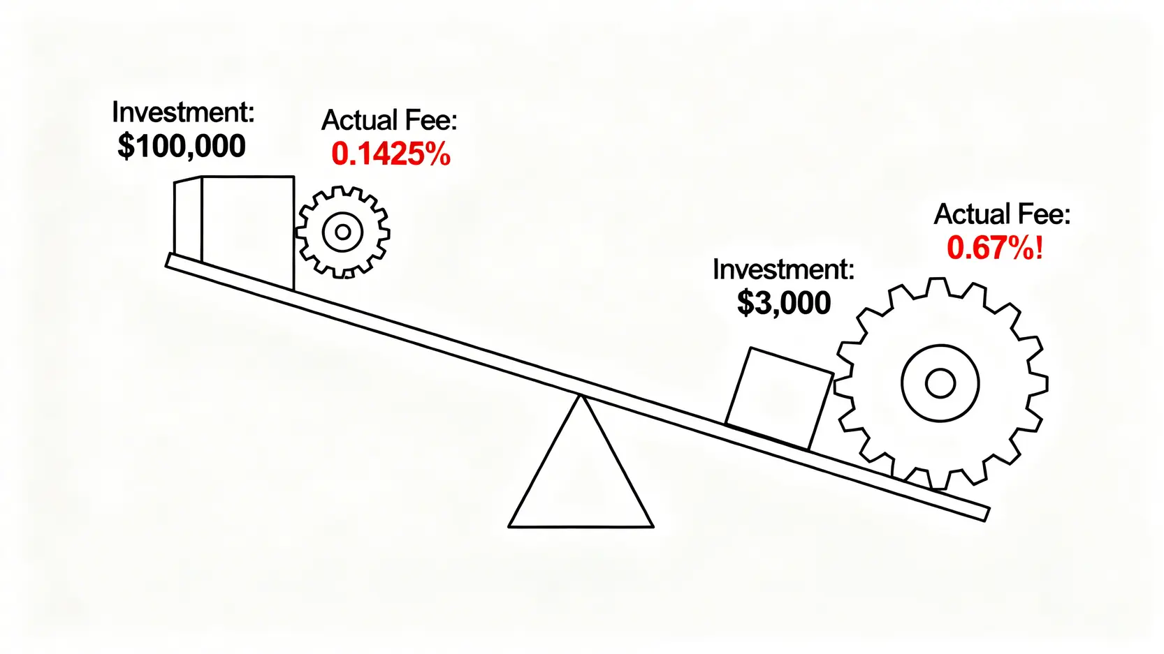 2026學生投資指南:避開3大費用陷阱,月投3000的風險與回報精算 4 一張對比圖,顯示最低20元手續費對3000元小額投資和10萬元大額投資的實際費率影響,突顯小額投資的成本劣勢。