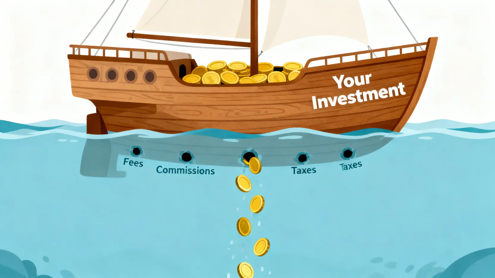 2026小資理財攻略:避開3 大費用陷阱,建構首個 10萬資產 2 一艘標示著『你的投資』的船,因標示著『費用』的破洞而導致金幣洩漏的概念圖