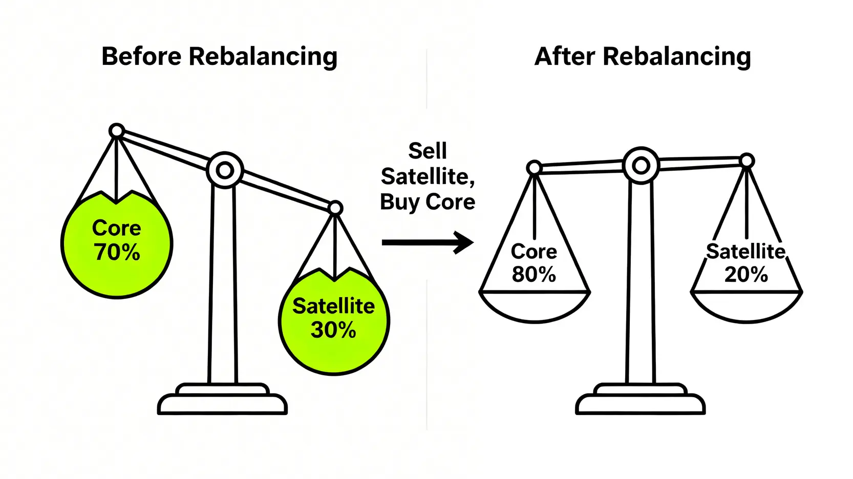 2026小資理財攻略:避開3 大費用陷阱,建構首個 10萬資產 4 投資組合再平衡示意圖,展示了從70/30的不平衡狀態,透過賣出衛星買入核心,恢復到80/20平衡狀態的過程。