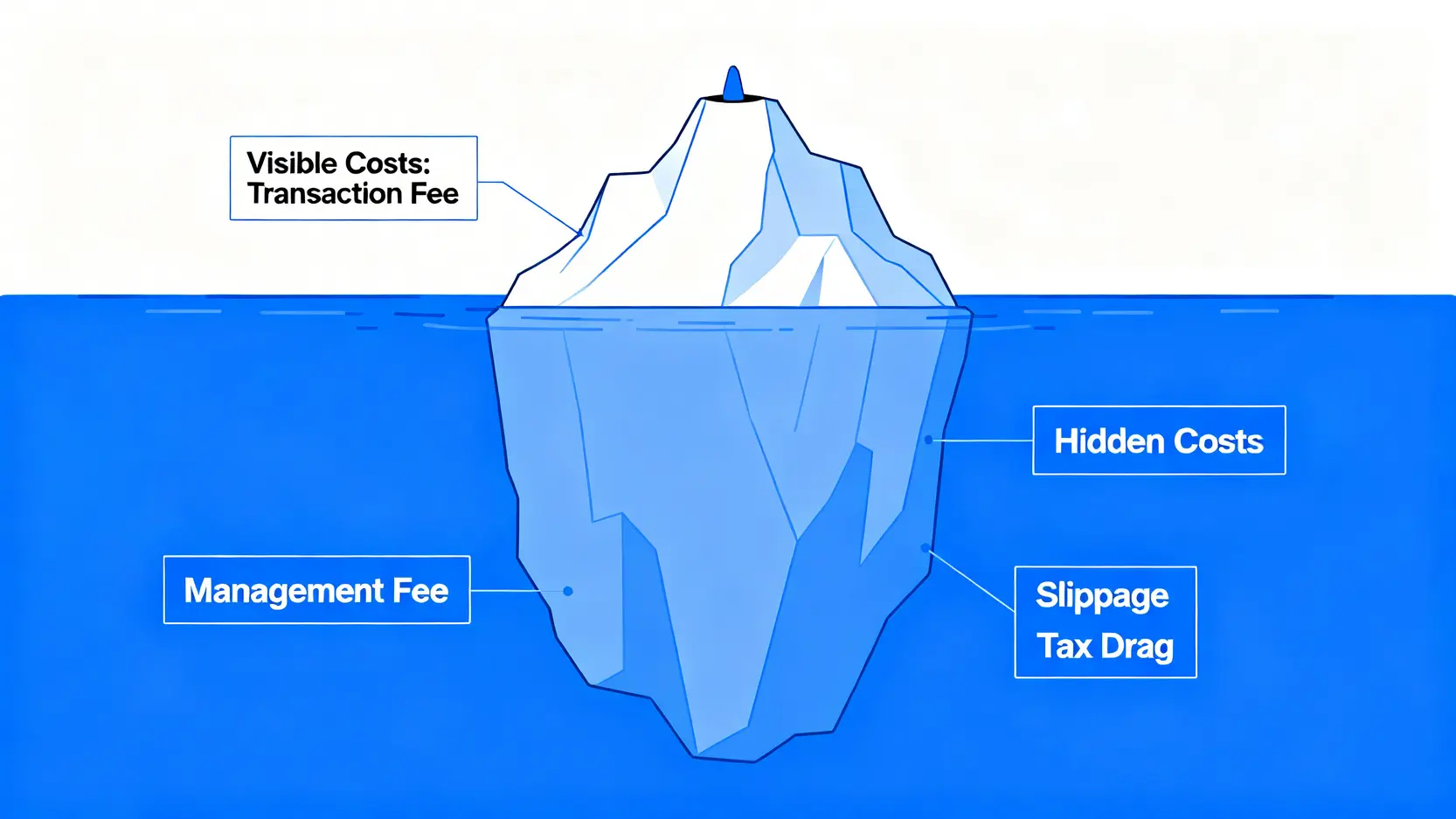 小資理財如何起步?專家揭示3步驟避開90%新手會犯的『隱形虧損』 2 投資隱形成本冰山圖,顯示可見的交易手續費只是冰山一角,而管理費、滑點和稅務耗損等隱形成本佔據了水面下更大的部分。