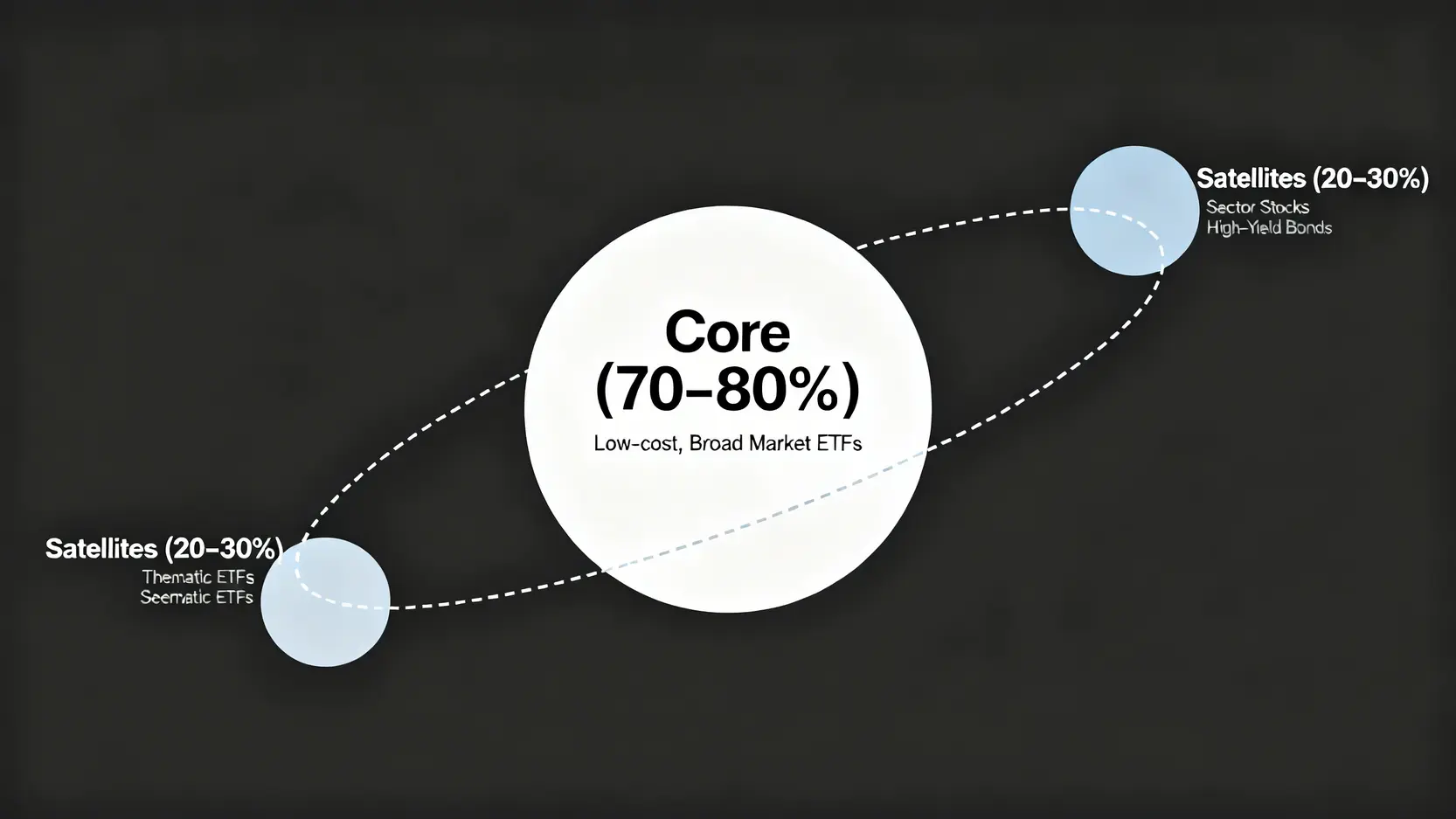 小資理財如何起步?專家揭示3步驟避開90%新手會犯的『隱形虧損』 4 核心-衛星資產配置策略示意圖,中心為佔70-80%的核心部位(如大盤ETF),周圍環繞著佔20-30%的衛星部位(如主題型ETF或個股)。