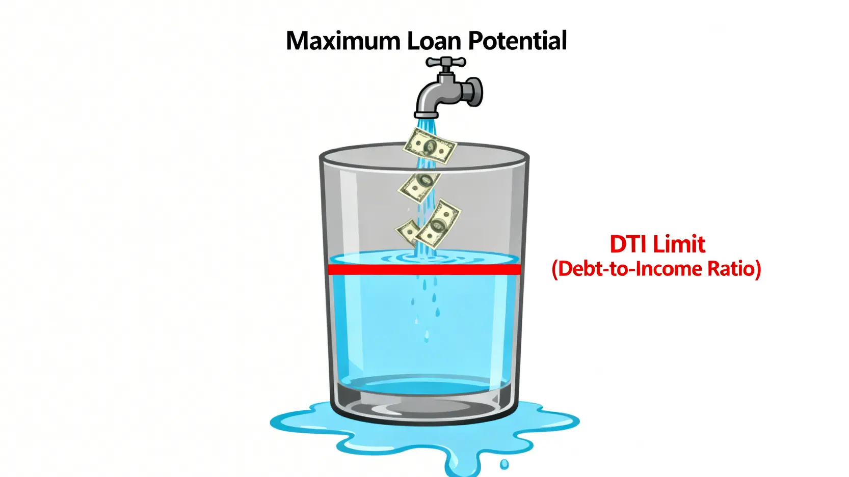 理財型房貸能貸多少?2026最新10大銀行『額度/利率』精算解析 3 負債比(DTI)如何限制房貸額度的概念圖,顯示一個容器的水位被DTI上限所限制。