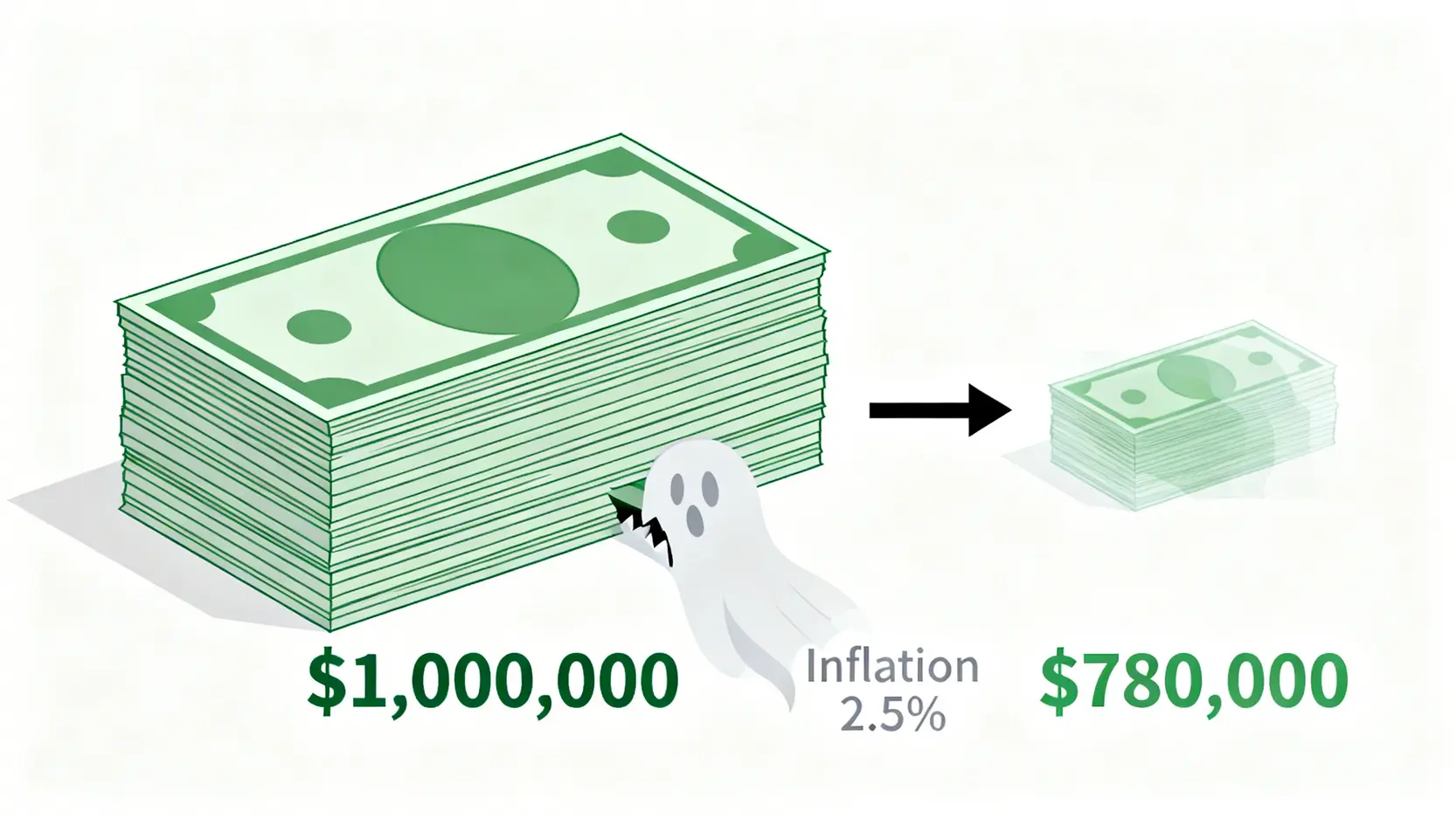【2026理財指南】別只談好處!數據揭示不理財的3大風險與機會成本 2 一張概念圖,顯示一疊百萬現金在通膨影響下,十年後購買力大幅縮水的過程。
