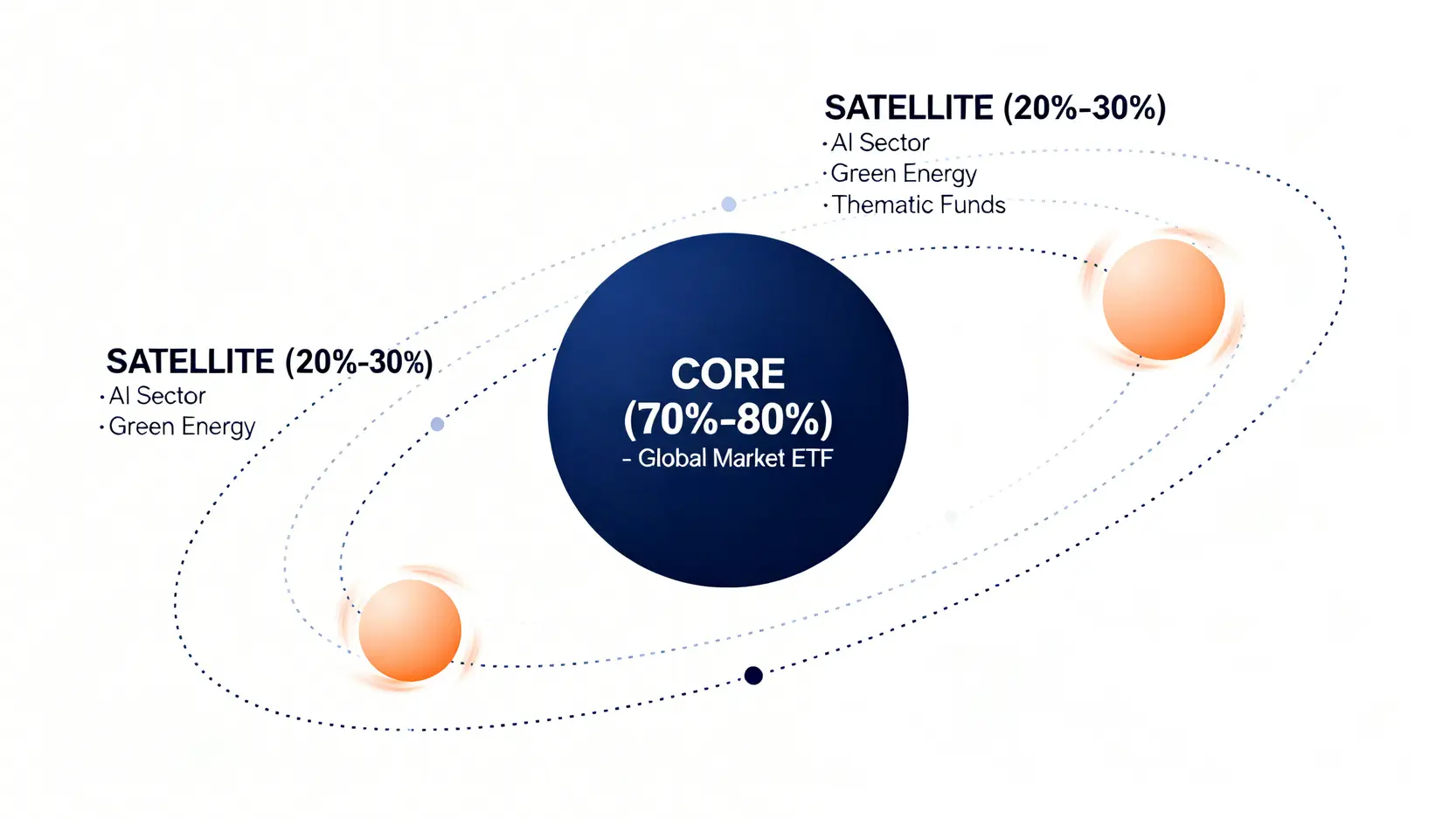 【2026理財指南】別只談好處!數據揭示不理財的3大風險與機會成本 4 核心衛星投資策略示意圖,中間是一個大的核心資產,周圍環繞著幾個小的衛星資產。
