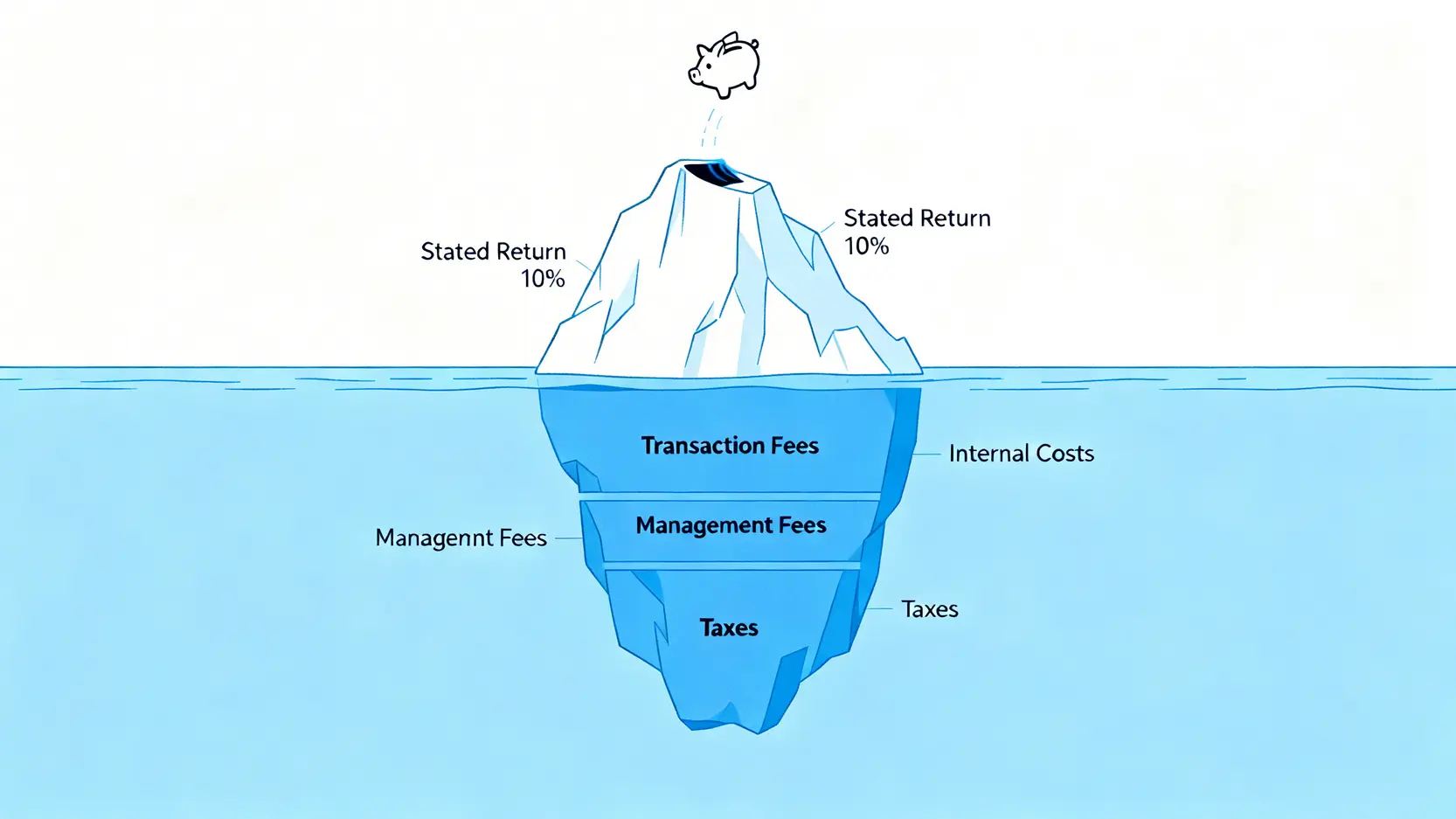 7種理財方式的隱藏成本?2026年費用與風險量化對比 2 一張冰山圖,說明投資的隱藏成本。冰山頂部寫著『表面報酬10%』,水面下更大的部分則標示著『交易手續費』、『管理費』、『內扣費用』等,揭示了真實報酬縮水的原因。