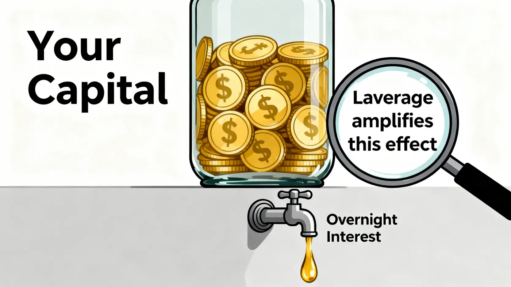 7種理財方式的隱藏成本?2026年費用與風險量化對比 4 一個裝滿金幣的容器,比喻為您的本金。容器底部有一個標示為『隔夜利息』的水龍頭正在緩慢滴漏,象徵著差價合約(CFD)的隱藏成本會持續消耗您的資金。
