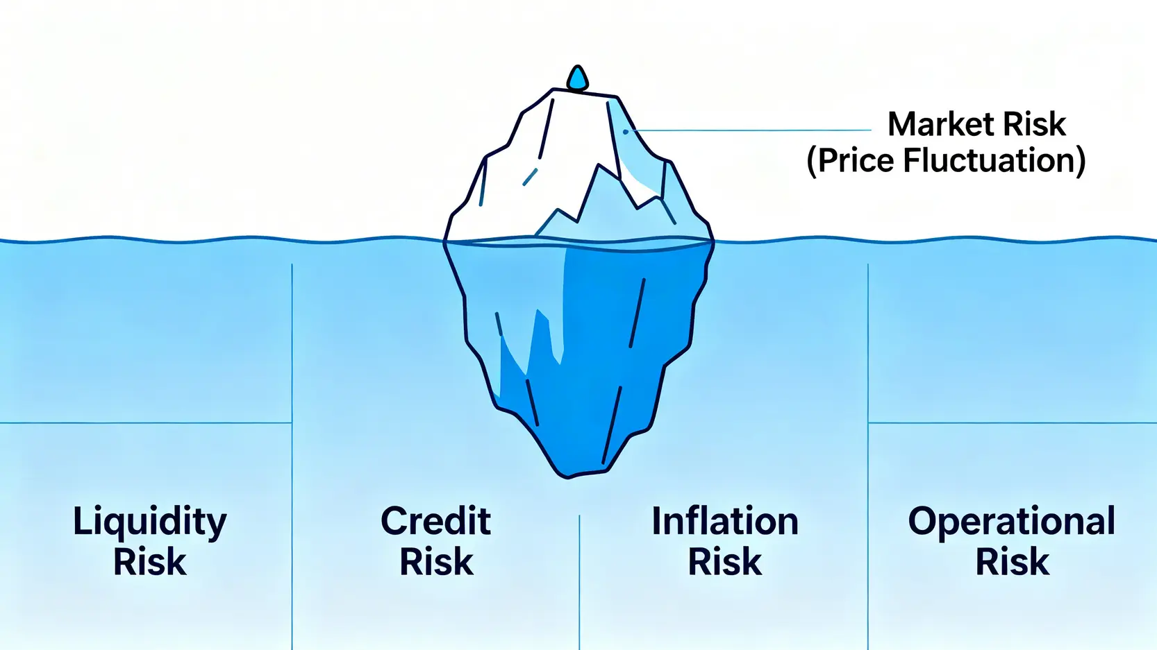 【2026投資風險白皮書】投資達人教你量化5大隱藏風險與應對策略 2 投資風險冰山圖,顯示市場風險只是冰山一角,水面下還有流動性、信用、通膨及操作等更大的隱藏風險。