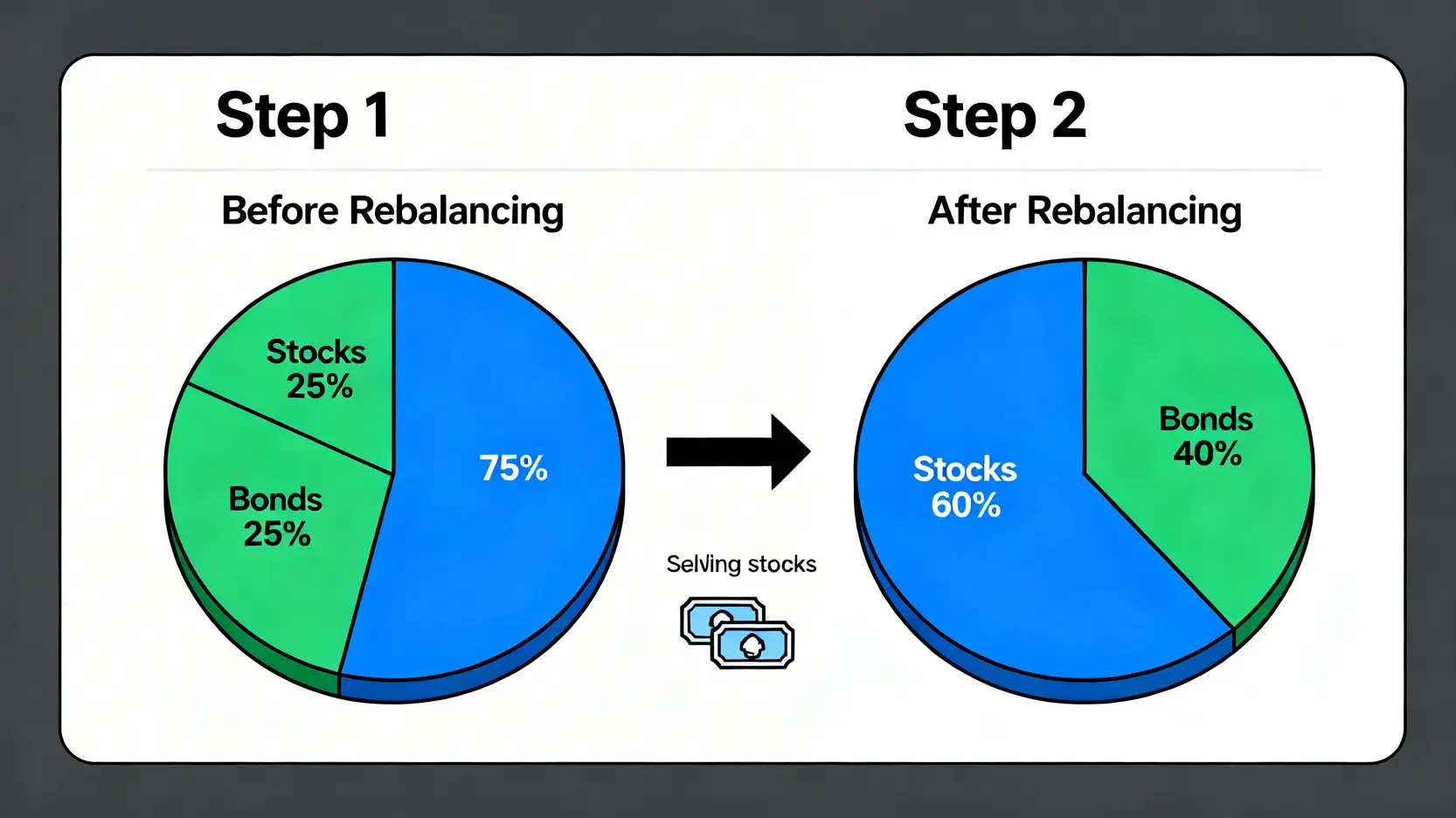 【2026投資風險白皮書】投資達人教你量化5大隱藏風險與應對策略 4 投資組合再平衡示意圖。第一步顯示股債比因市場波動變為75:25,第二步顯示透過賣股買債,將比例調整回目標的60:40。