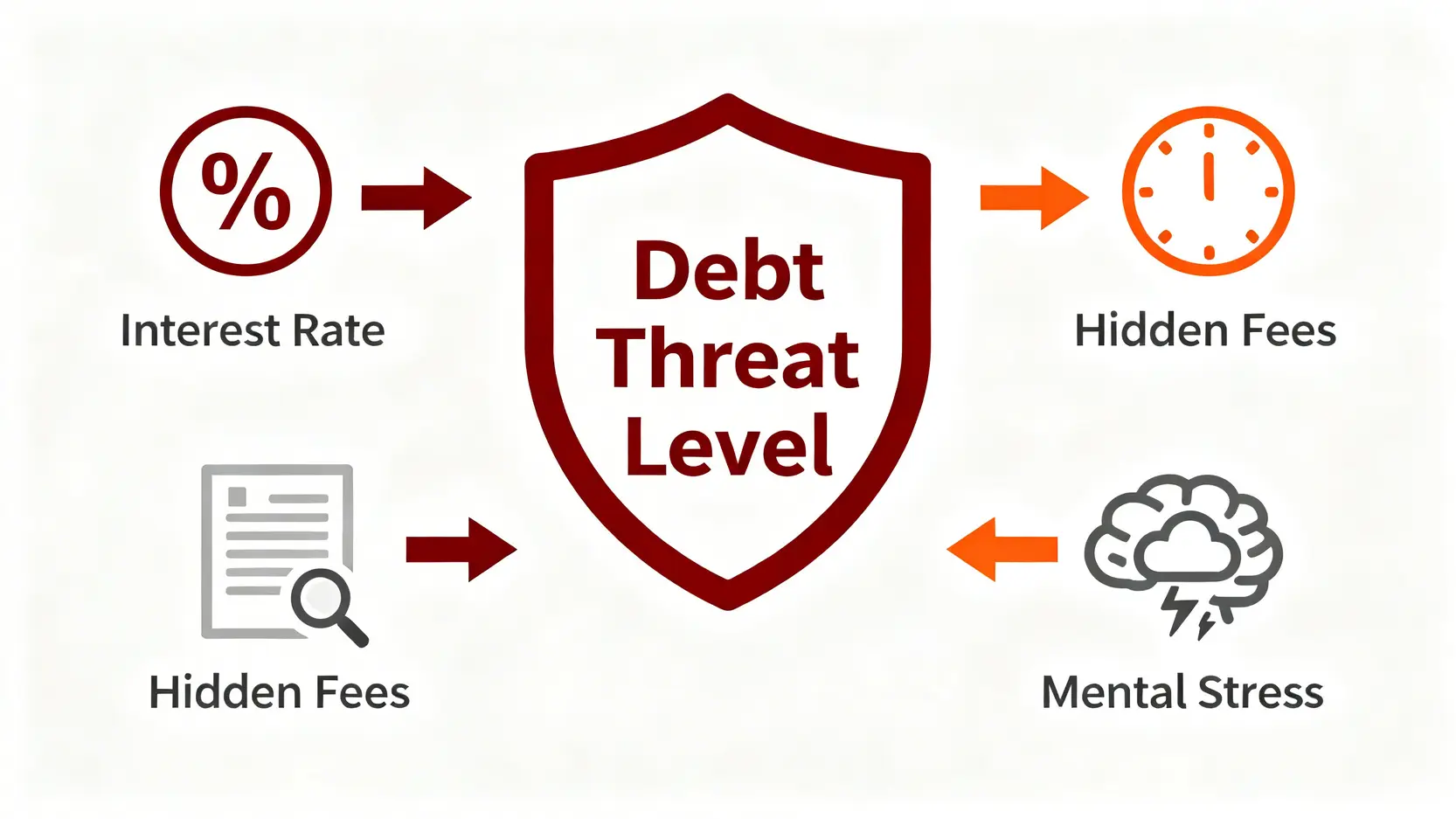 2026升息風暴下,如何清償負債?給月薪 3萬者的債務整合與理財自救指南 2 一張概念示意圖,說明債務威脅等級由三個因素組成:利率、隱藏費用和心理壓力。