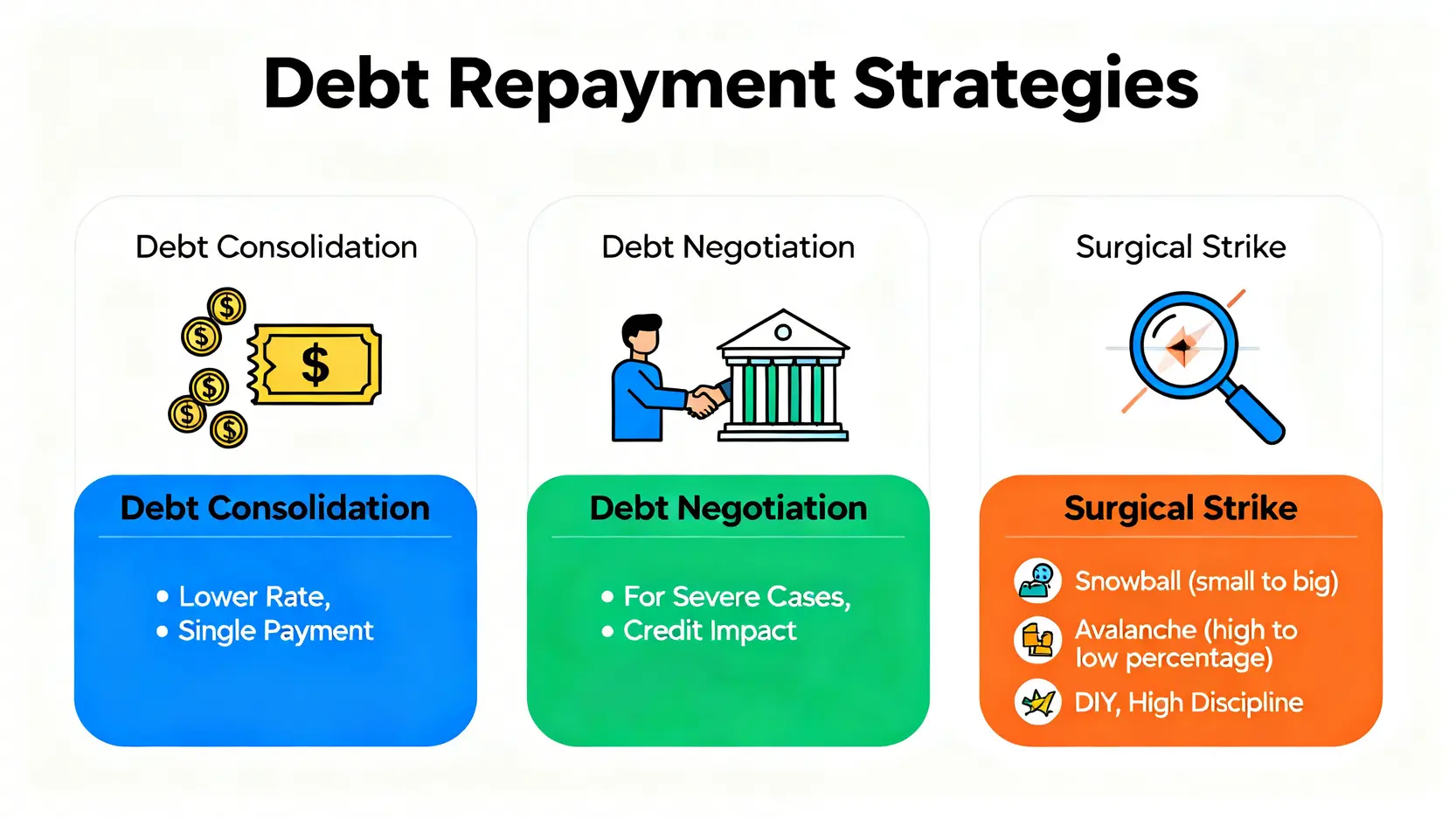 2026升息風暴下,如何清償負債?給月薪 3萬者的債務整合與理財自救指南 3 一張對比圖,比較債務整合、債務協商與外科手術式打擊(雪球法/滾雪球法)三種理債方案的特點。