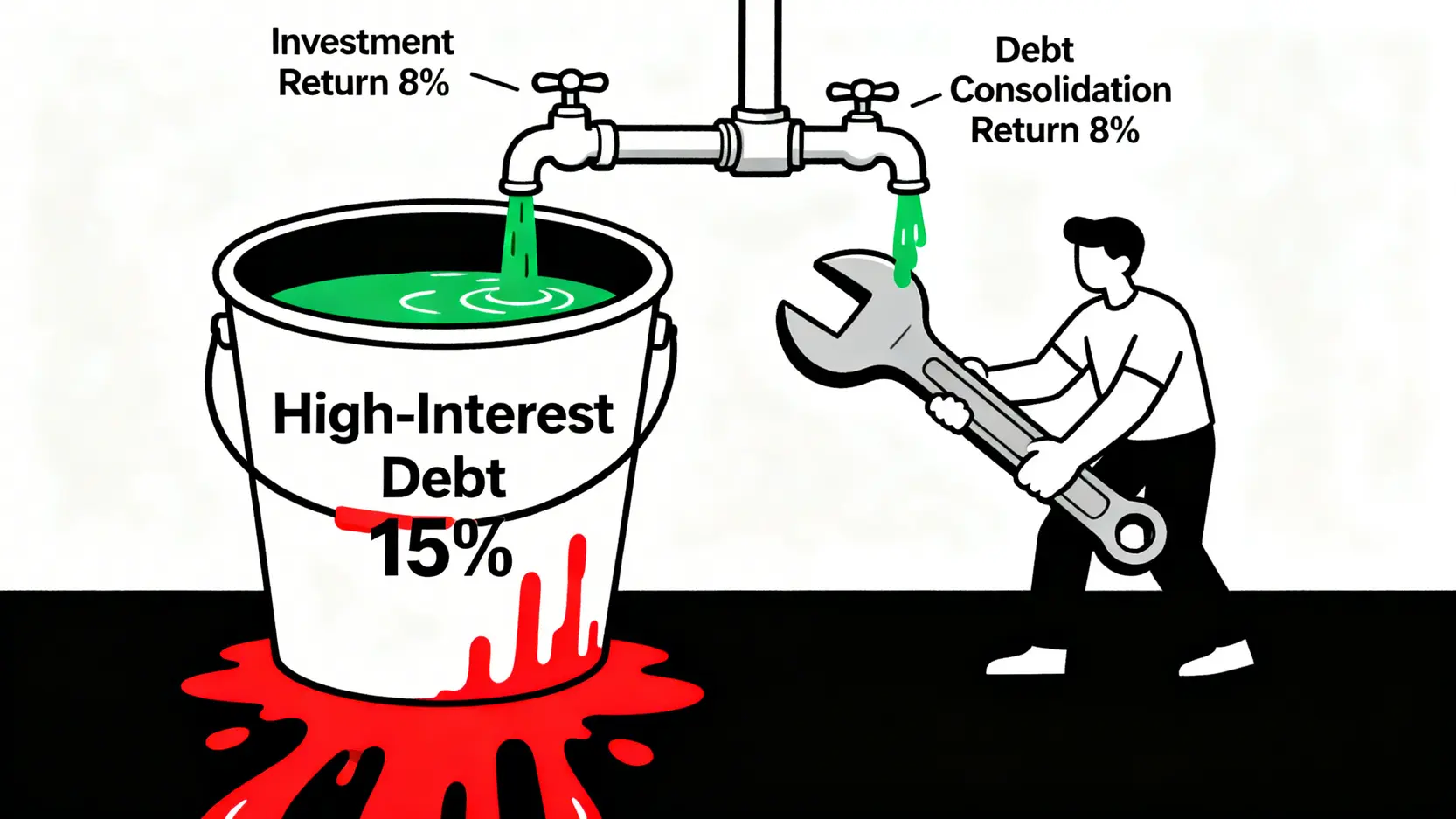 2026整合負債全攻略:如何申請銀行方案降低卡債月付金? 2 一張對比圖,說明為何邊還高利率負債邊投資是無效的,左邊是漏水的桶(高利息)和緩慢注水的水龍頭(投資),右邊是修好漏洞後,水龍頭才能有效儲水。
