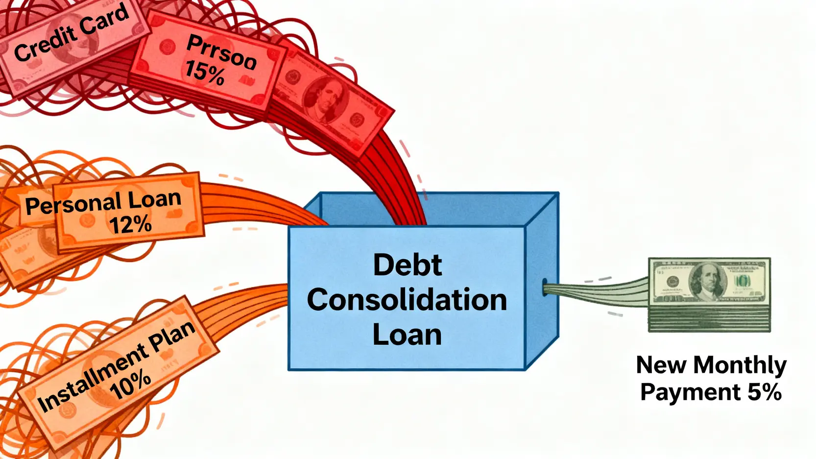 2026整合負債全攻略:如何申請銀行方案降低卡債月付金? 3 整合負債概念圖,展示多筆高利率的卡債和分期付款被整合成一筆低利率的銀行貸款,從而降低了月付金。