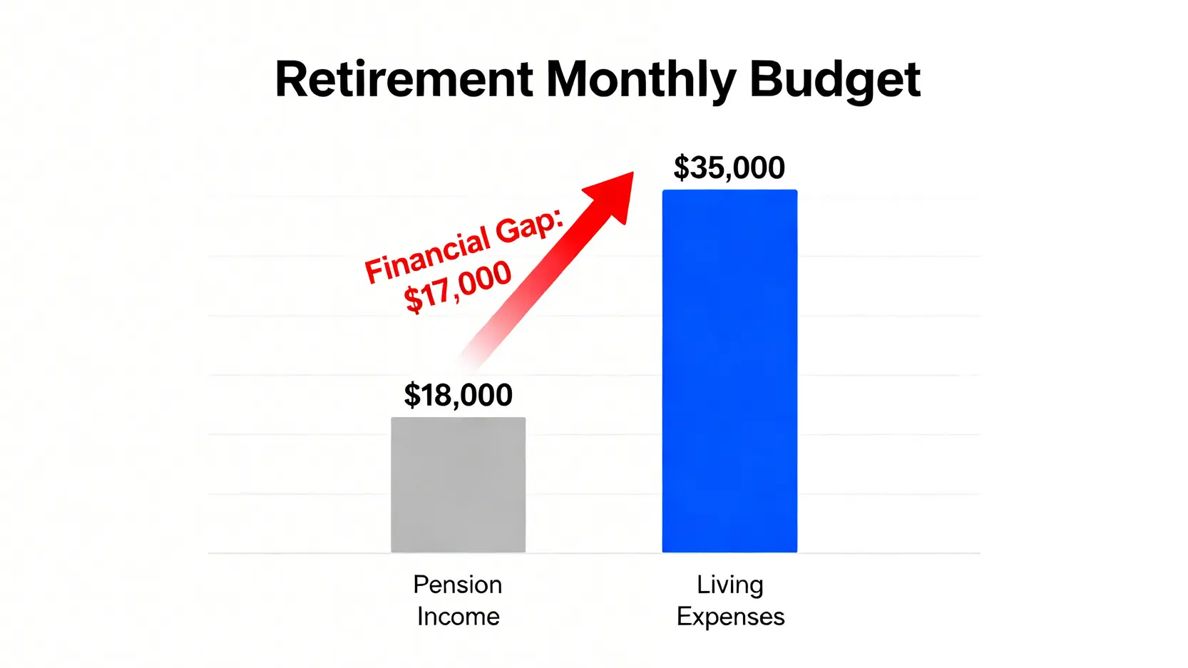 理財是為了什麼?從通膨到退休的3大財務缺口量化分析 3 一張長條圖,比較退休後的平均勞保年金收入與實際生活開銷,突顯出巨大的財務缺口。